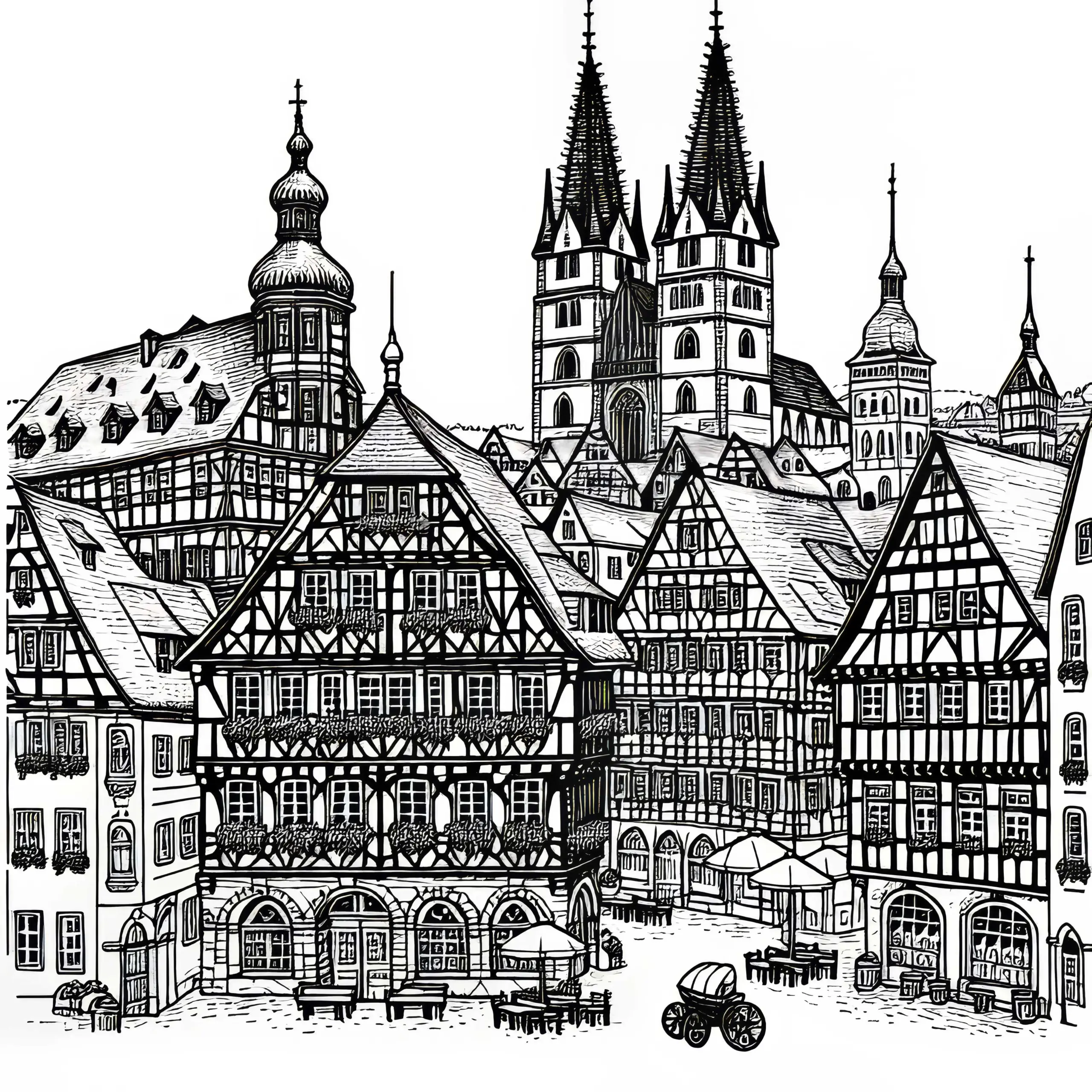 Historische Altstadt mit Fachwerkhäusern: Ausmalbild