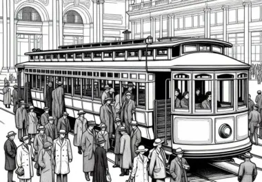 Historische Straßenbahn in Museumsanlage mit Besuchergruppe als Malvorlage gratis