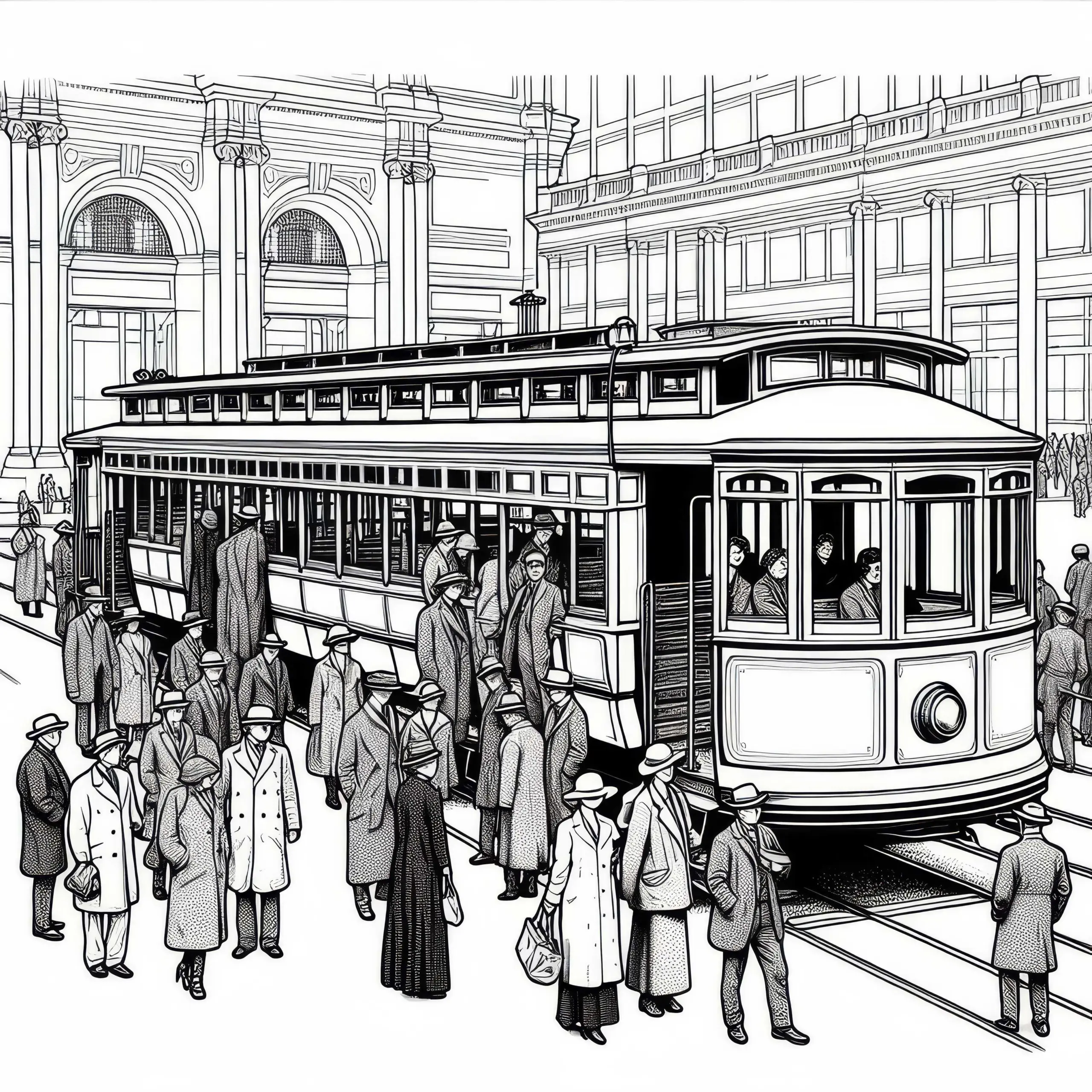 Historische Straßenbahn in Museumsanlage mit Besuchergruppe als Malvorlage gratis (Ausmalbild)