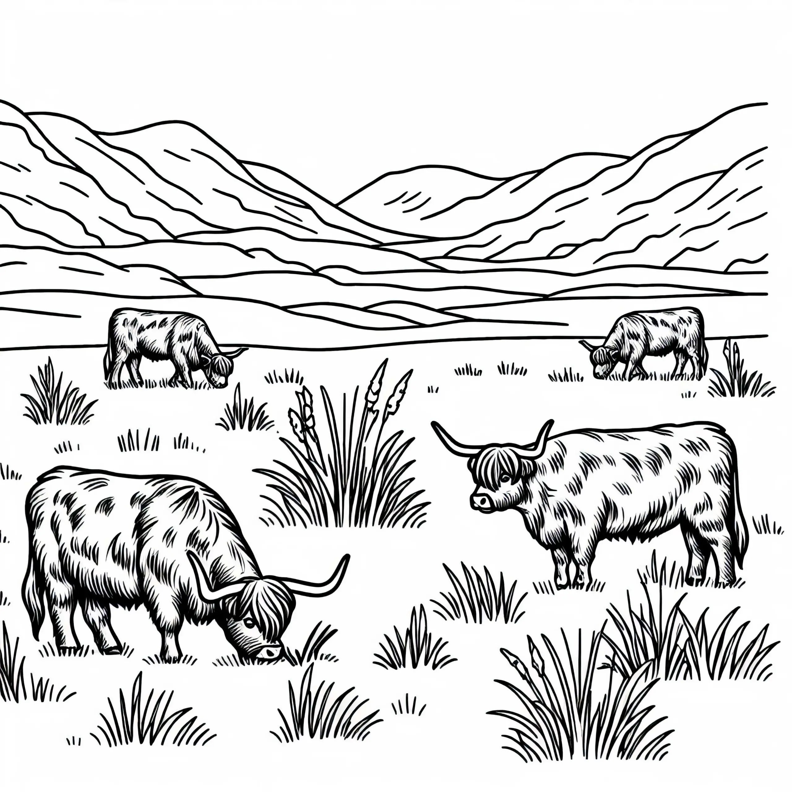 Hochlandrinder grasen in Weidelandschaft – Malvorlage kostenlos (Ausmalbild)