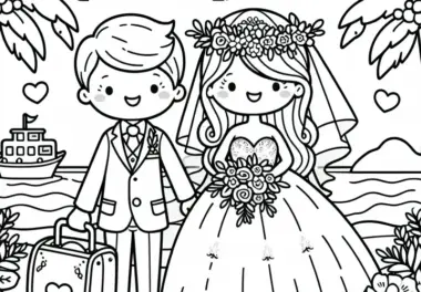 Hochzeitspaar in Flitterwochen als Ausmalbild (gratis)