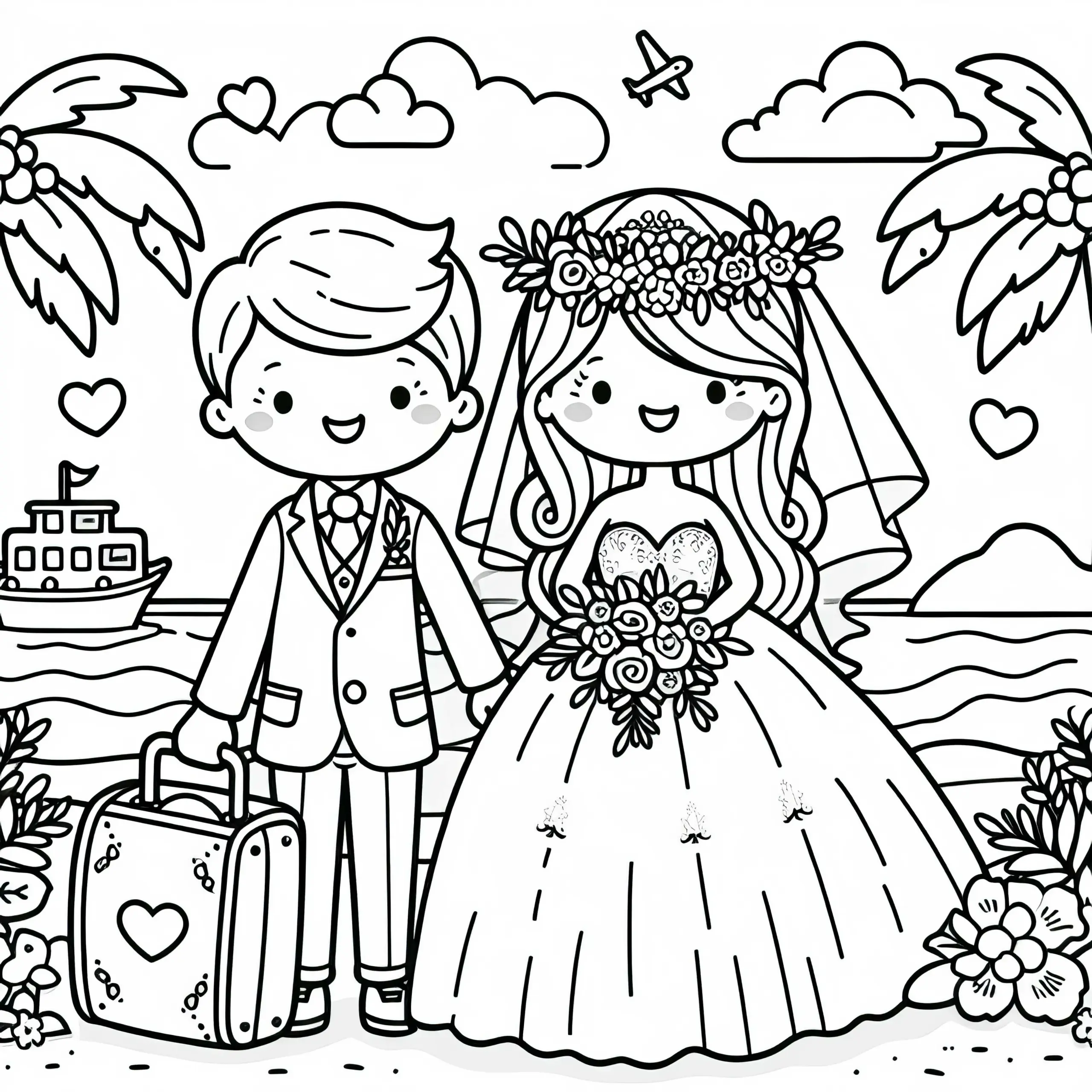 Hochzeitspaar in Flitterwochen als Ausmalbild (gratis)