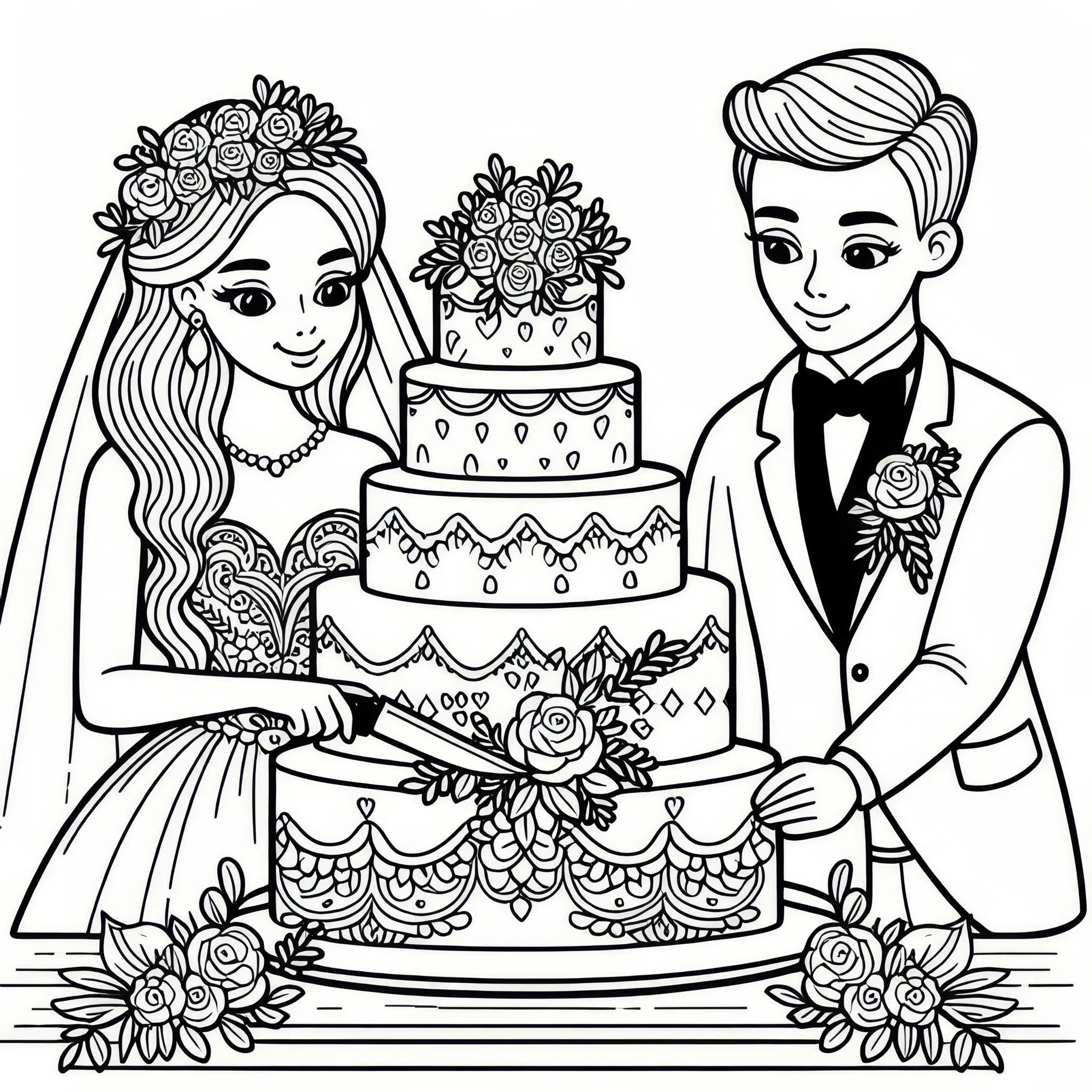 Hochzeitspaar schneidet Hochzeitstorte an (Ausmalbild)