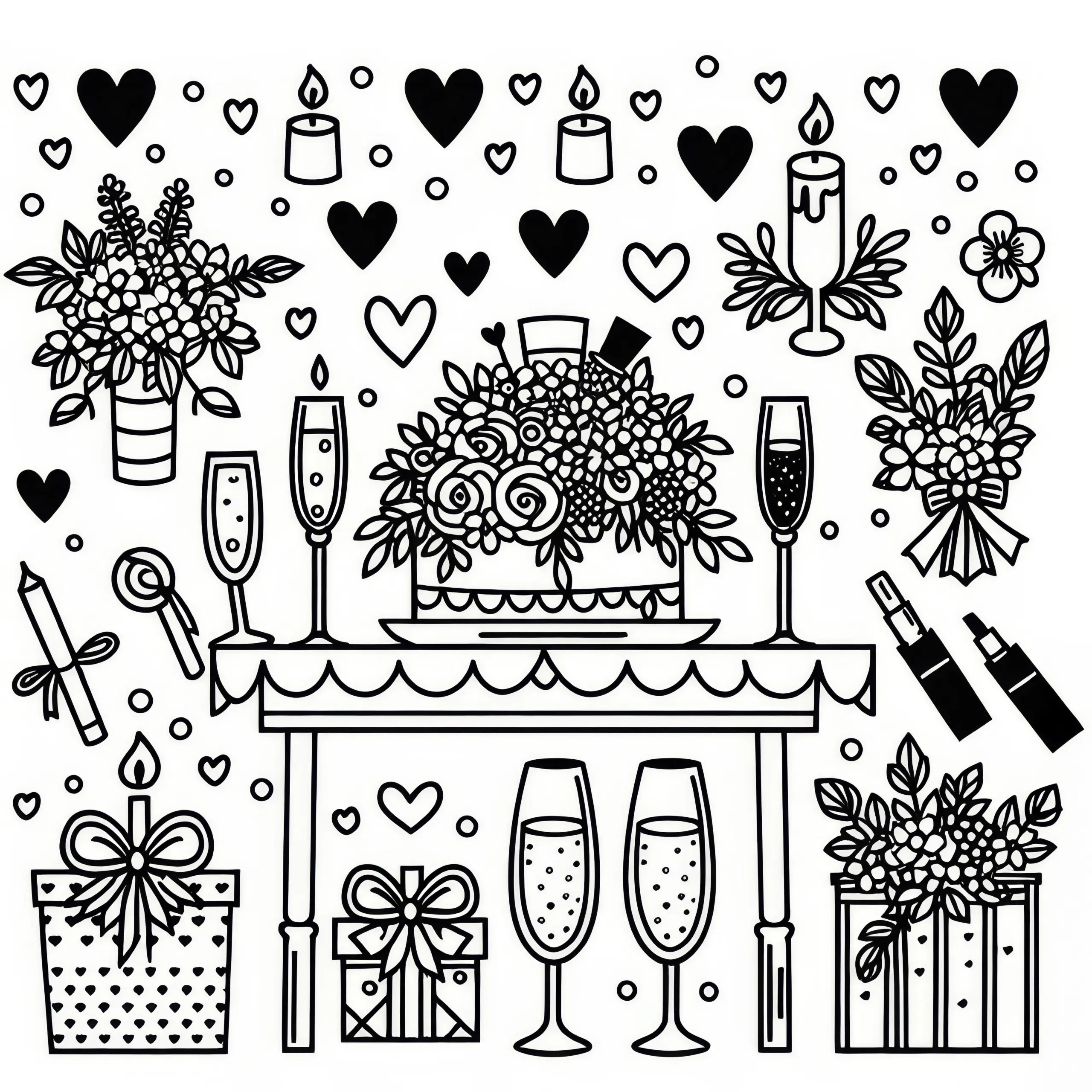 Hochzeitstisch mit Sektgläsern, Blumen & Deko: einfache Malvorlage (Ausmalbild)