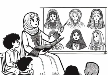 Hörend gespannt zu, wie die Lehrerin über große Frauen der Geschichte erzählt – Ausmalbild historischer Frauenfiguren