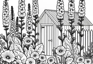 Hohe Malvenstängel vor Gartenschuppen – Malvorlage Sommerblume Kostenlos