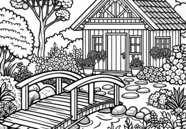 Holzbrücke über einen kleinen Bach im Garten – Ausmalbild gratis
