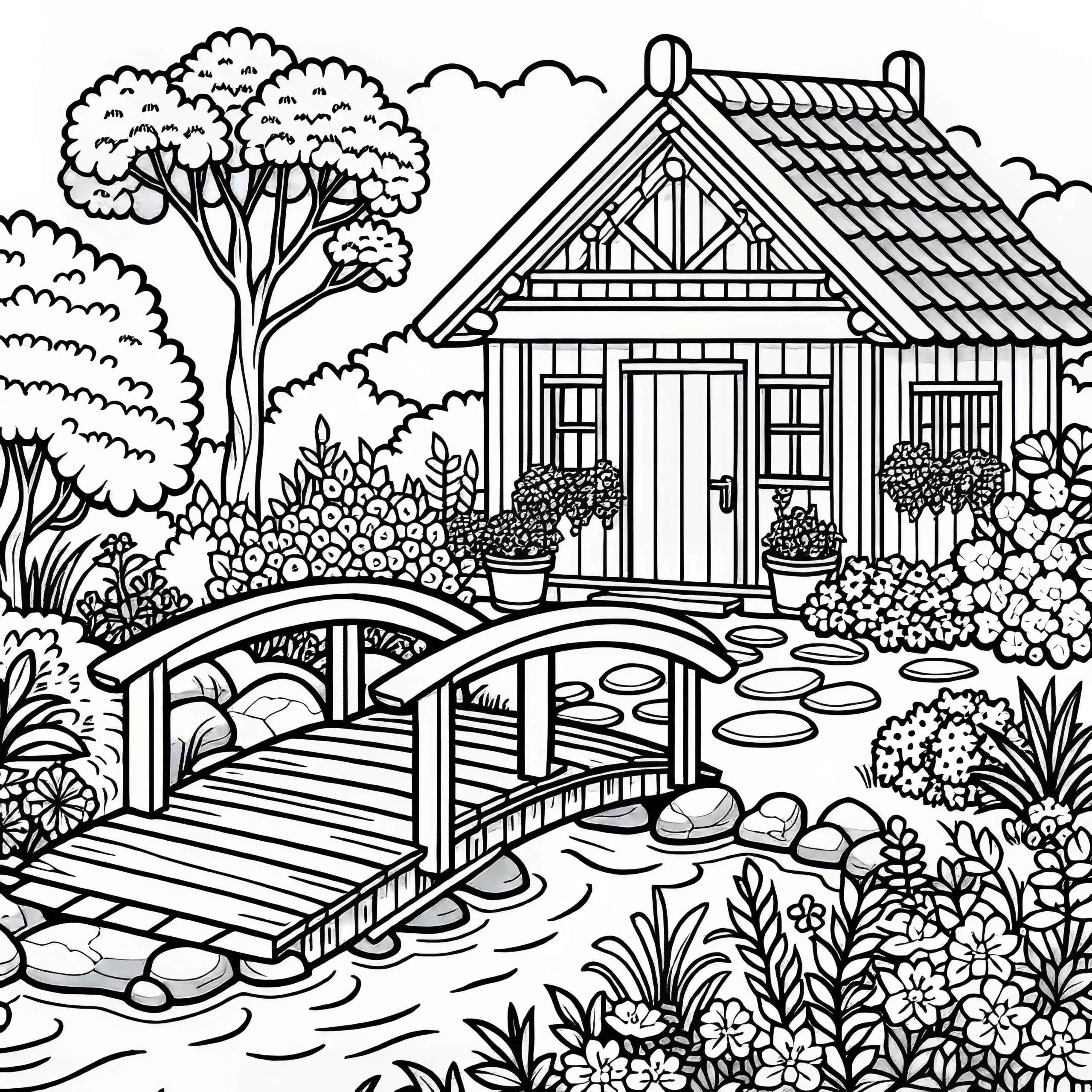 Holzbrücke über einen kleinen Bach im Garten – Ausmalbild gratis
