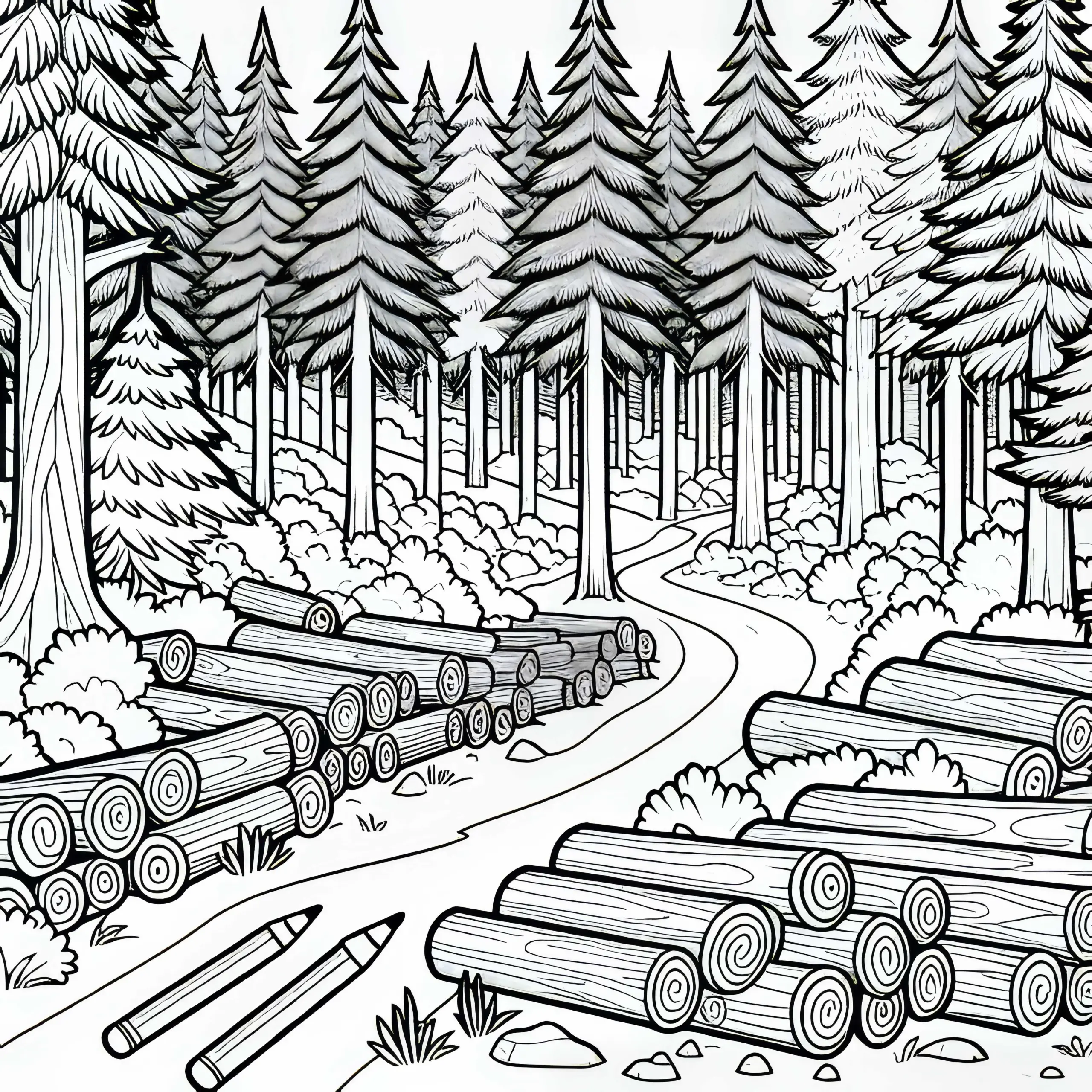 Holzfällerweg im dichten Nadelwald: kostenlose Malvorlage (Ausmalbild)