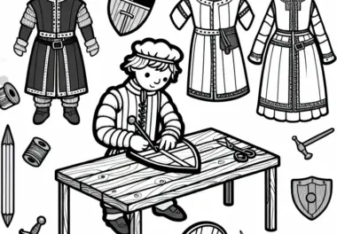 Holzschilde und Kleidung als Malvorlage aus der Ritterzeit kostenlos