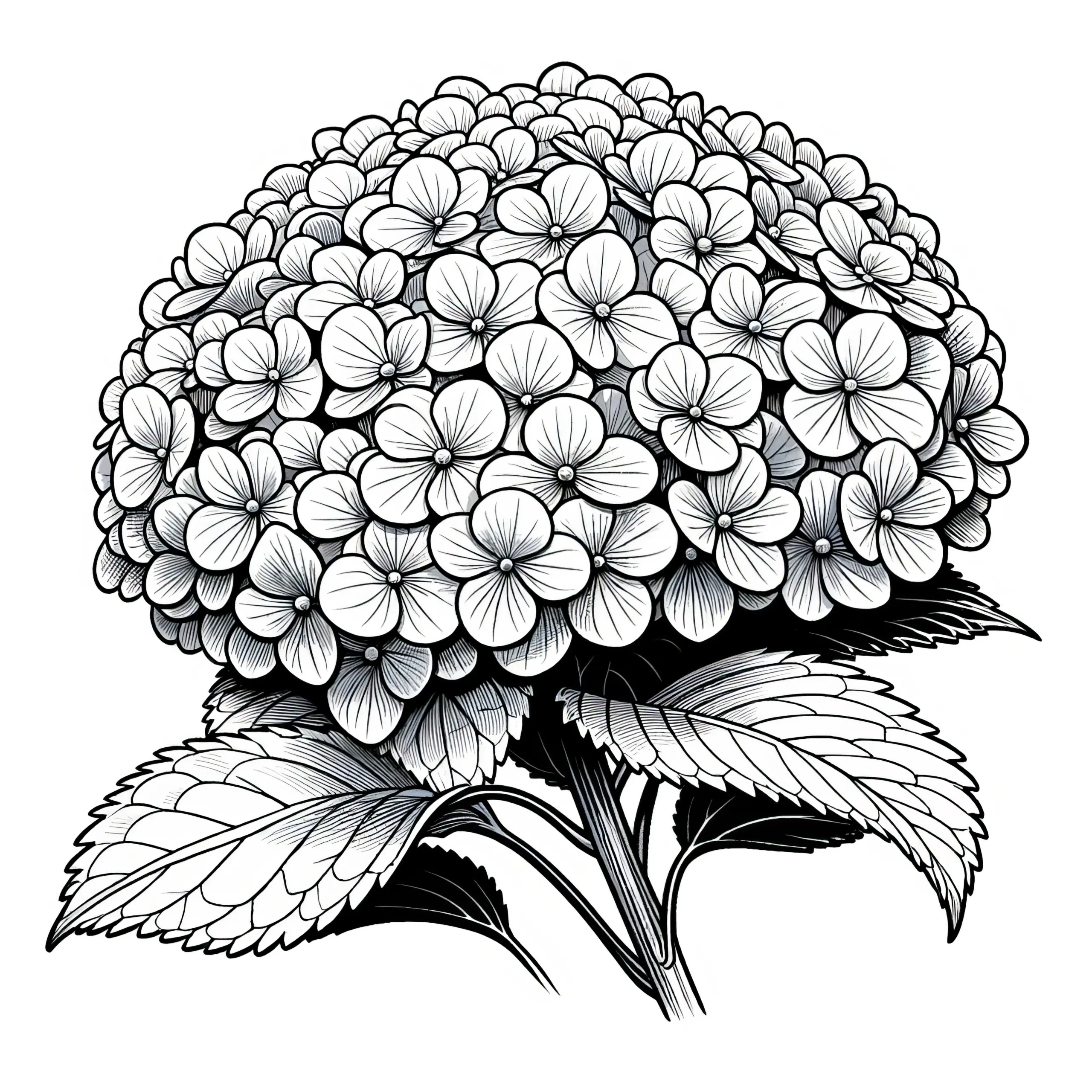 Hortensienblüten: Realistische Malvorlage (Gratis) (Ausmalbild)