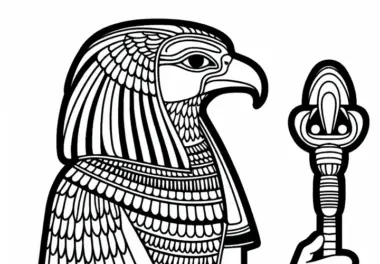 Horus mit Falkenkopf und ägyptischem Zepter als Ausmalbild – ägyptische Mythologie kostenlos