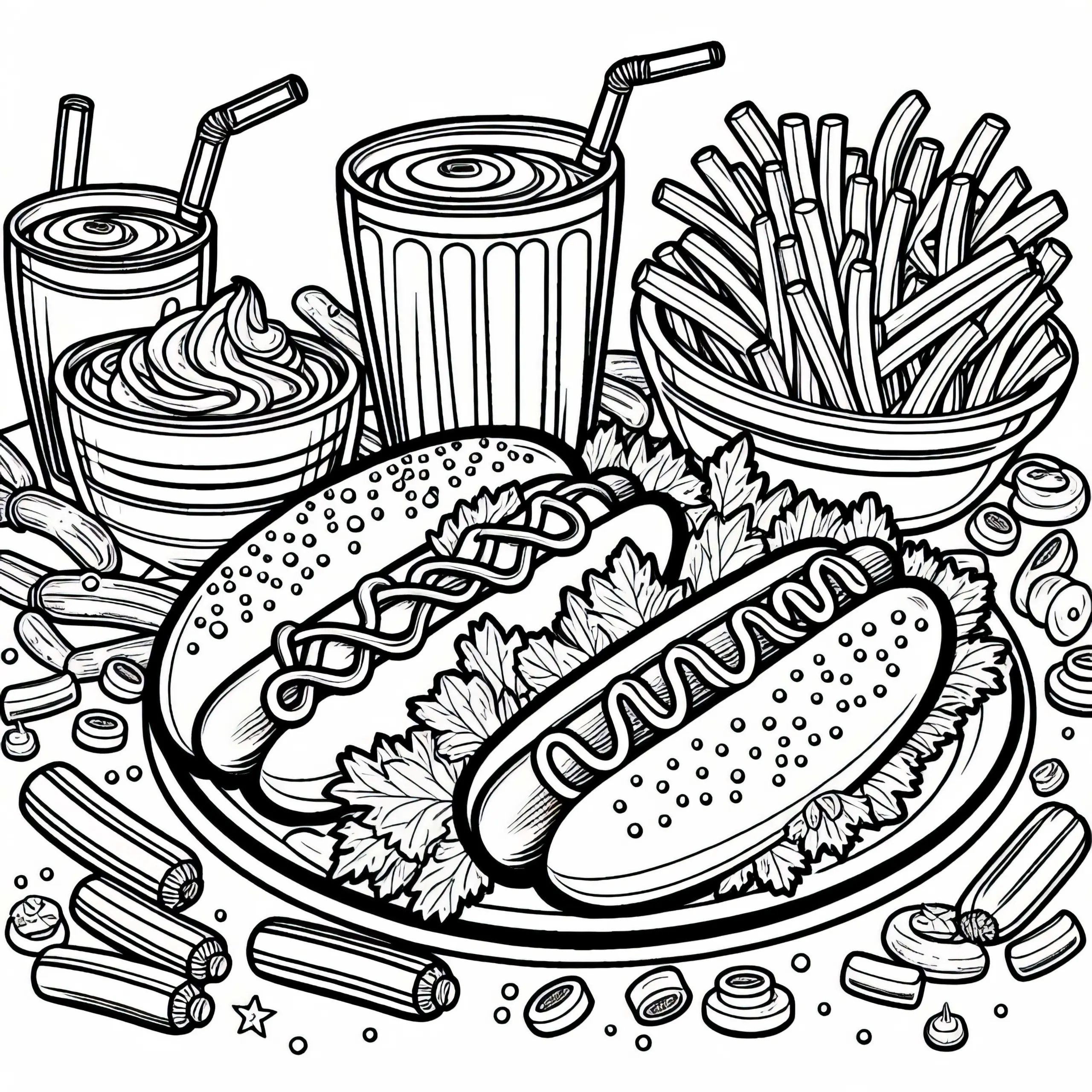 Hot Dogs als Hauptgericht Malvorlage Gratis (Ausmalbild)