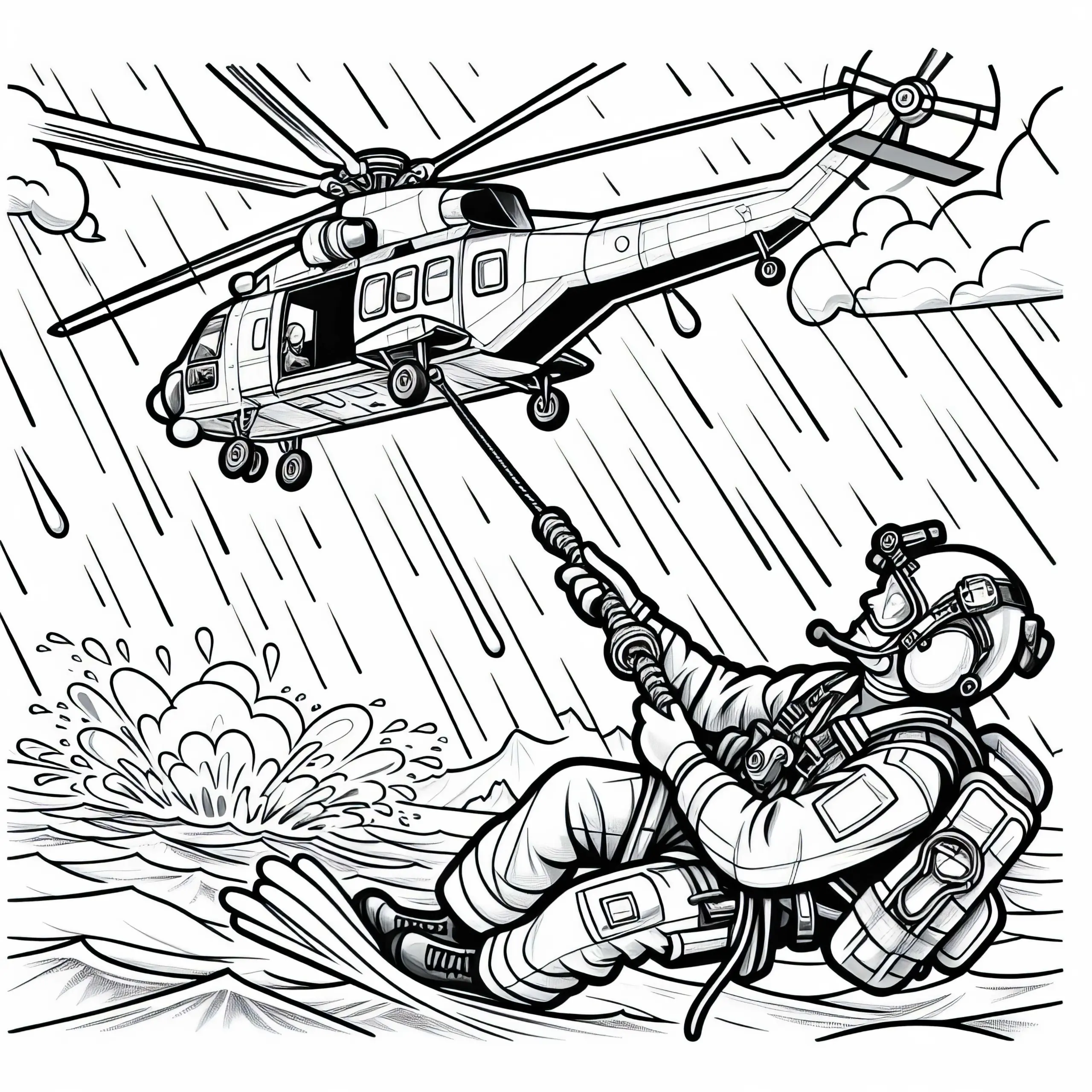 Hubschrauber bei Rettungsaktion – Ausmalbild Kostenlos