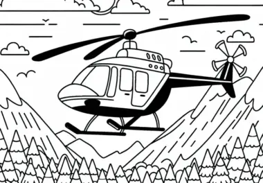 Hubschrauber im Flug über schöner Landschaft – Ausmalbild kostenlos