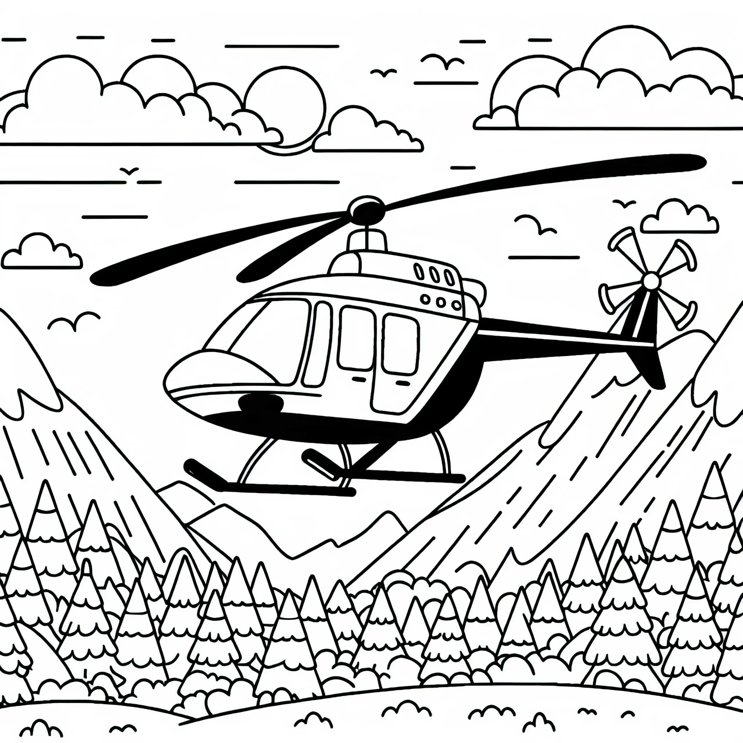 Hubschrauber im Flug über schöner Landschaft – Ausmalbild kostenlos