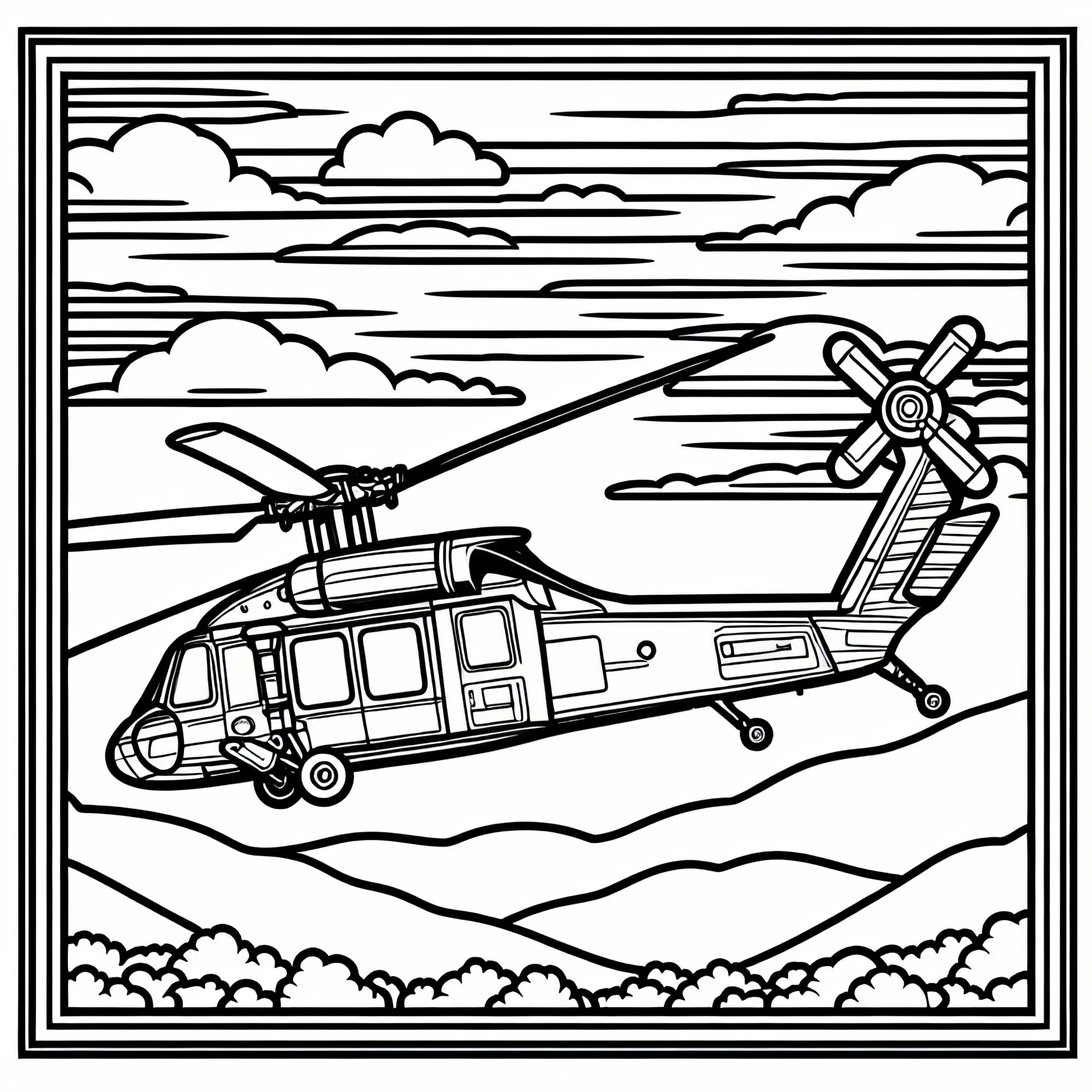 Hubschrauber in der Luft – Malvorlage gratis (Ausmalbild)