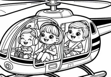 Hubschrauber mit Kindern – Ausmalbild gratis