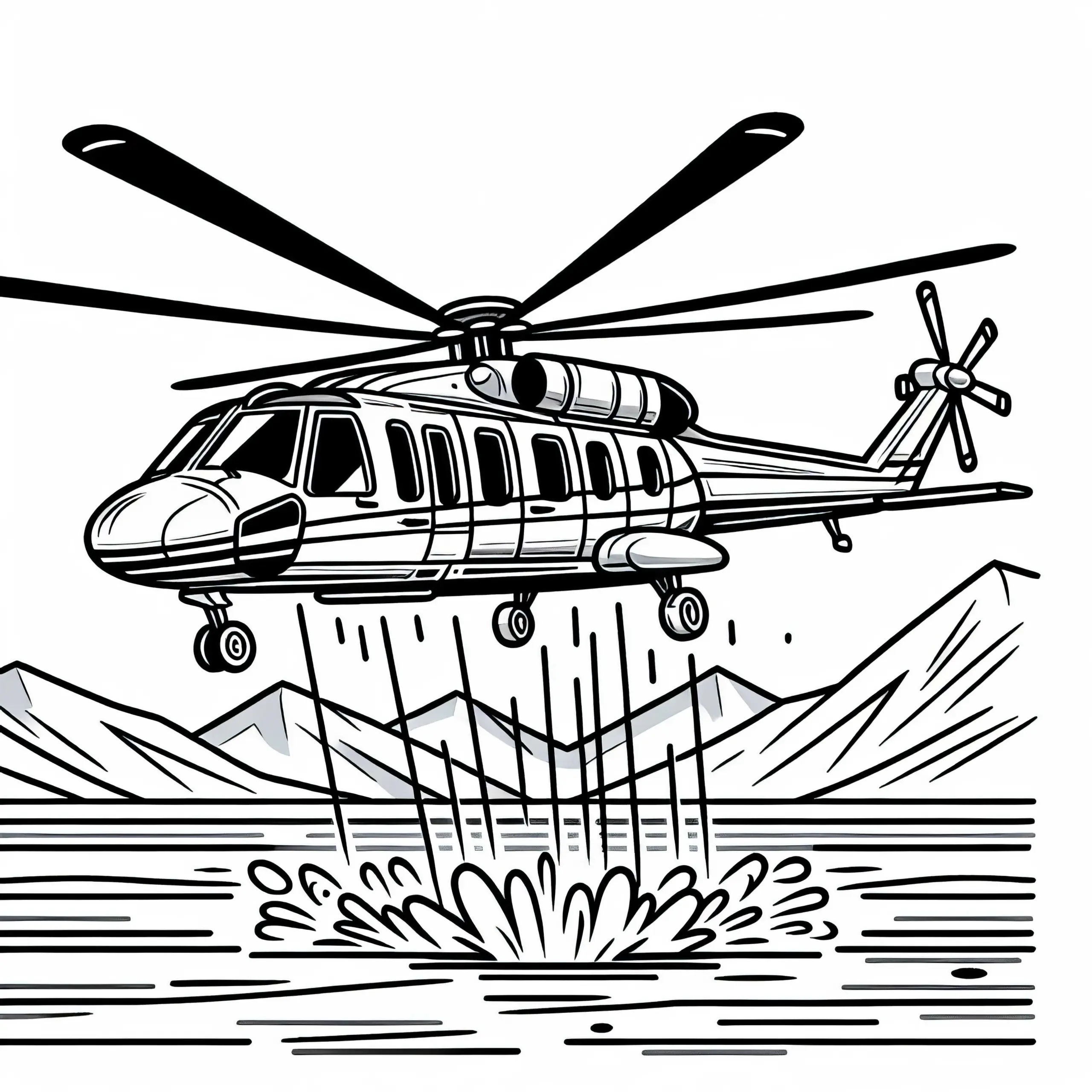 Hubschrauber über Wasser – Malvorlage gratis (Ausmalbild)
