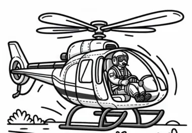 Hubschrauberpilot hebt ab von Landeplatz – Malvorlage kostenlos