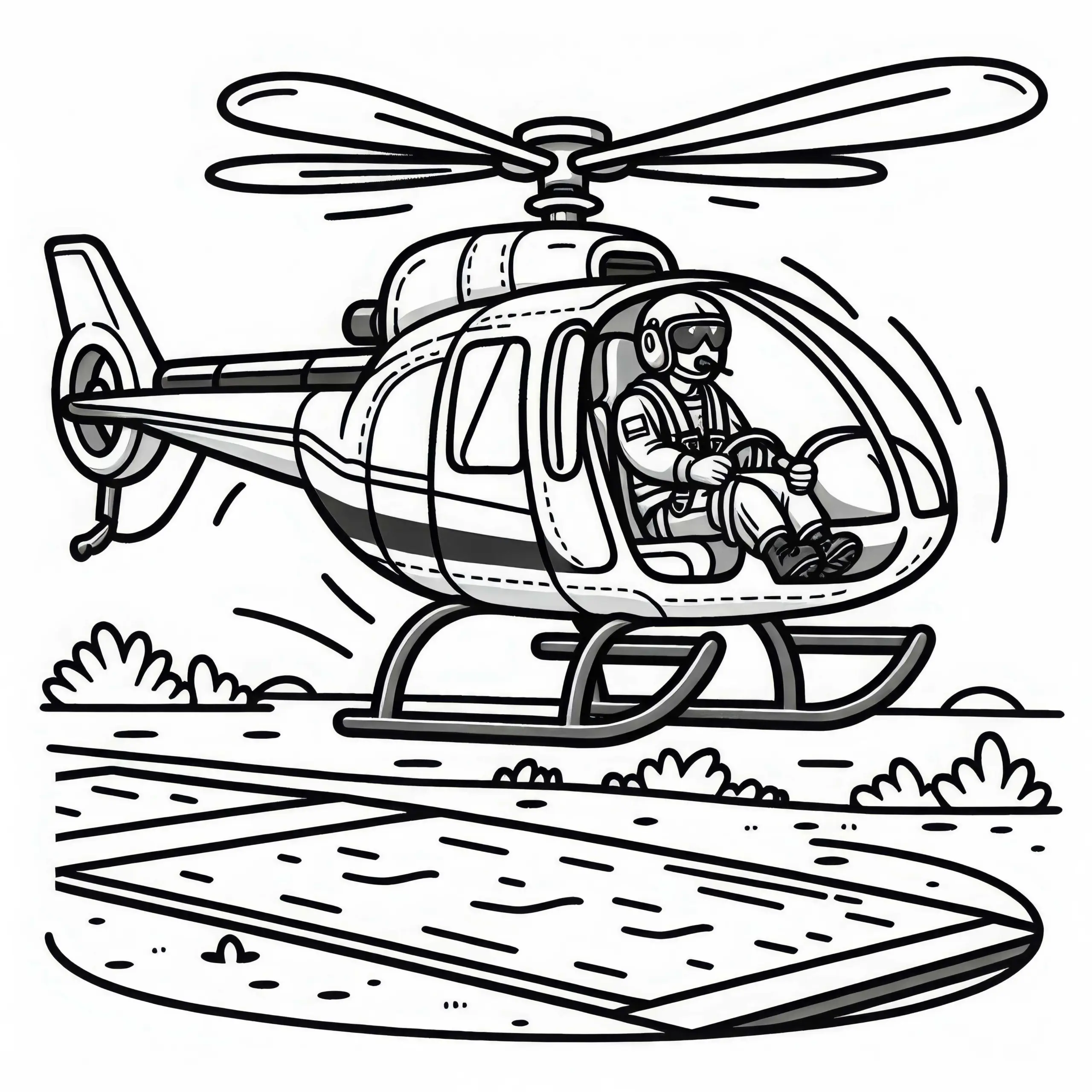 Hubschrauberpilot hebt ab von Landeplatz – Malvorlage kostenlos (Ausmalbild)