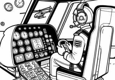 Hubschrauberpilot überwacht Instrumente während des Fluges – Malvorlage kostenlos