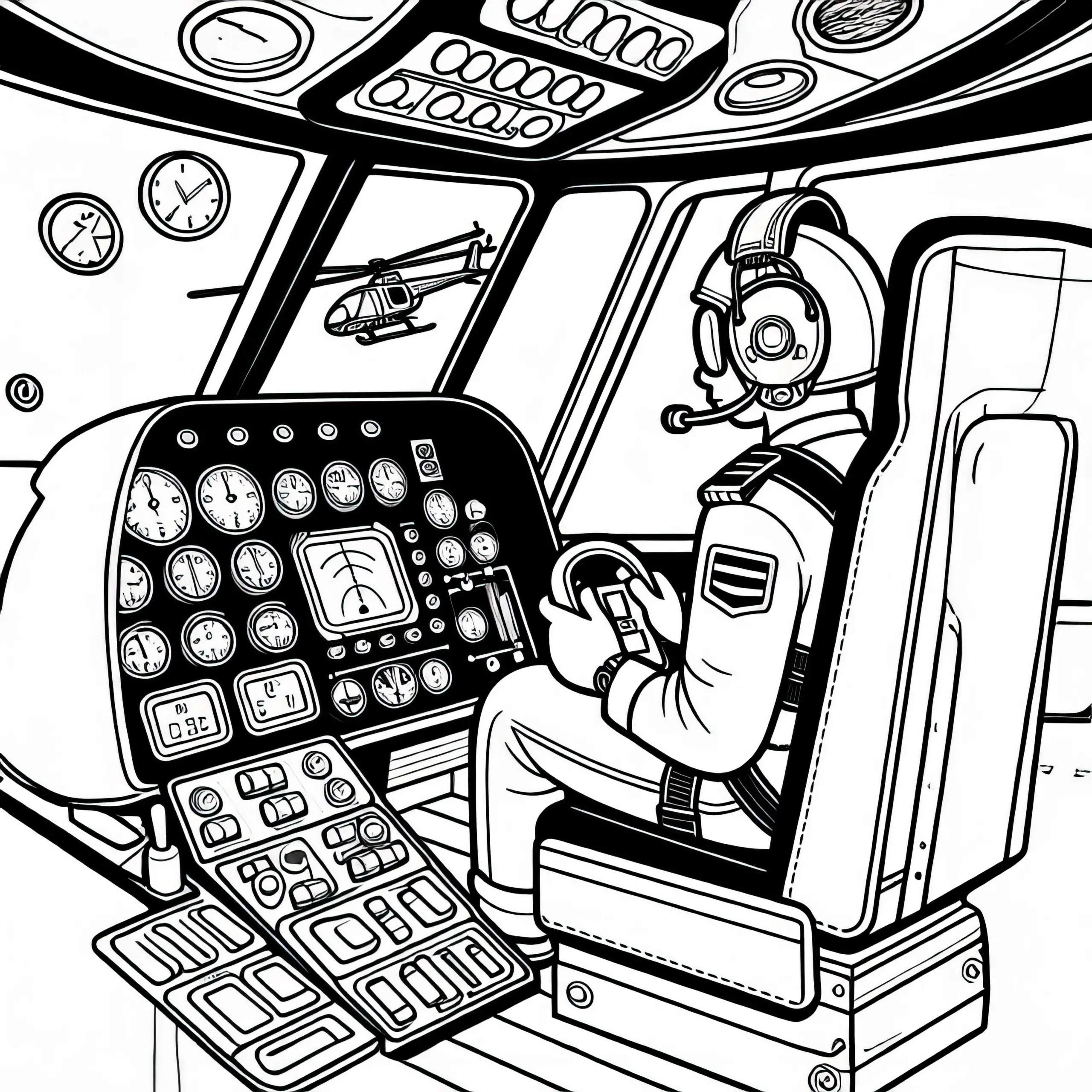 Hubschrauberpilot überwacht Instrumente während des Fluges – Malvorlage kostenlos (Ausmalbild)