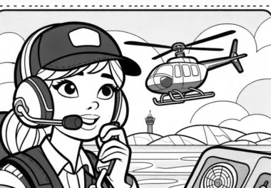 Hubschrauberpilotin kommuniziert per Funk mit Tower – Ausmalbild kostenlos