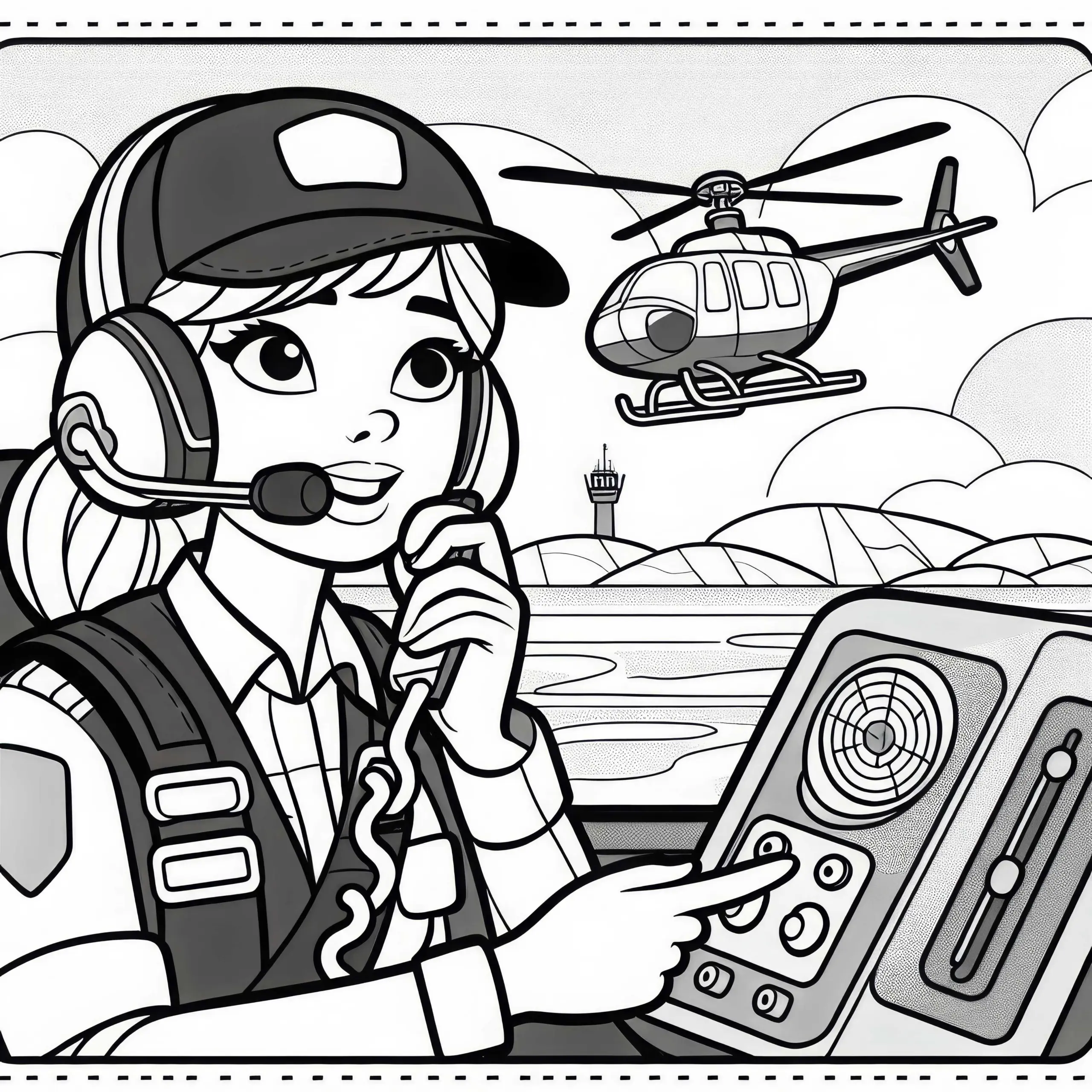 Hubschrauberpilotin kommuniziert per Funk mit Tower – Ausmalbild kostenlos