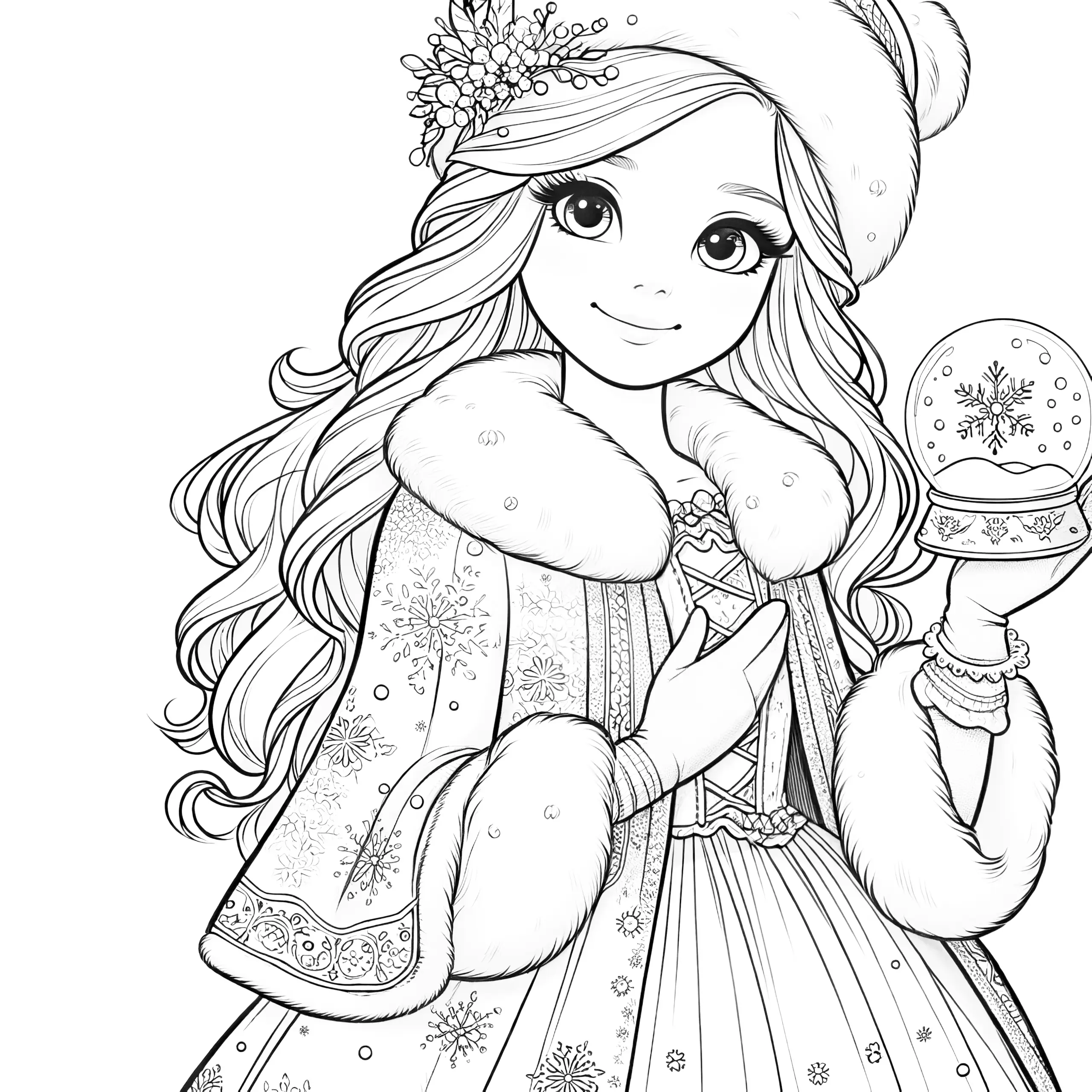 Hübsche Prinzessin mit Wintermantel und Schneekugel (zum Download) (Ausmalbild)