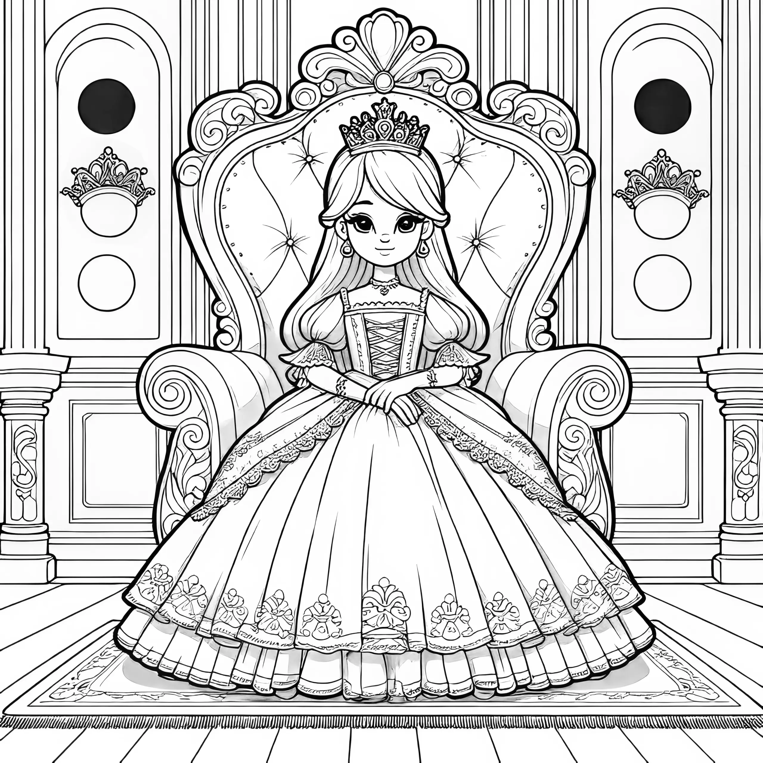 Hübsche Prinzessin sitzt auf Thronsessel im Schloss: Ausmalbild gratis