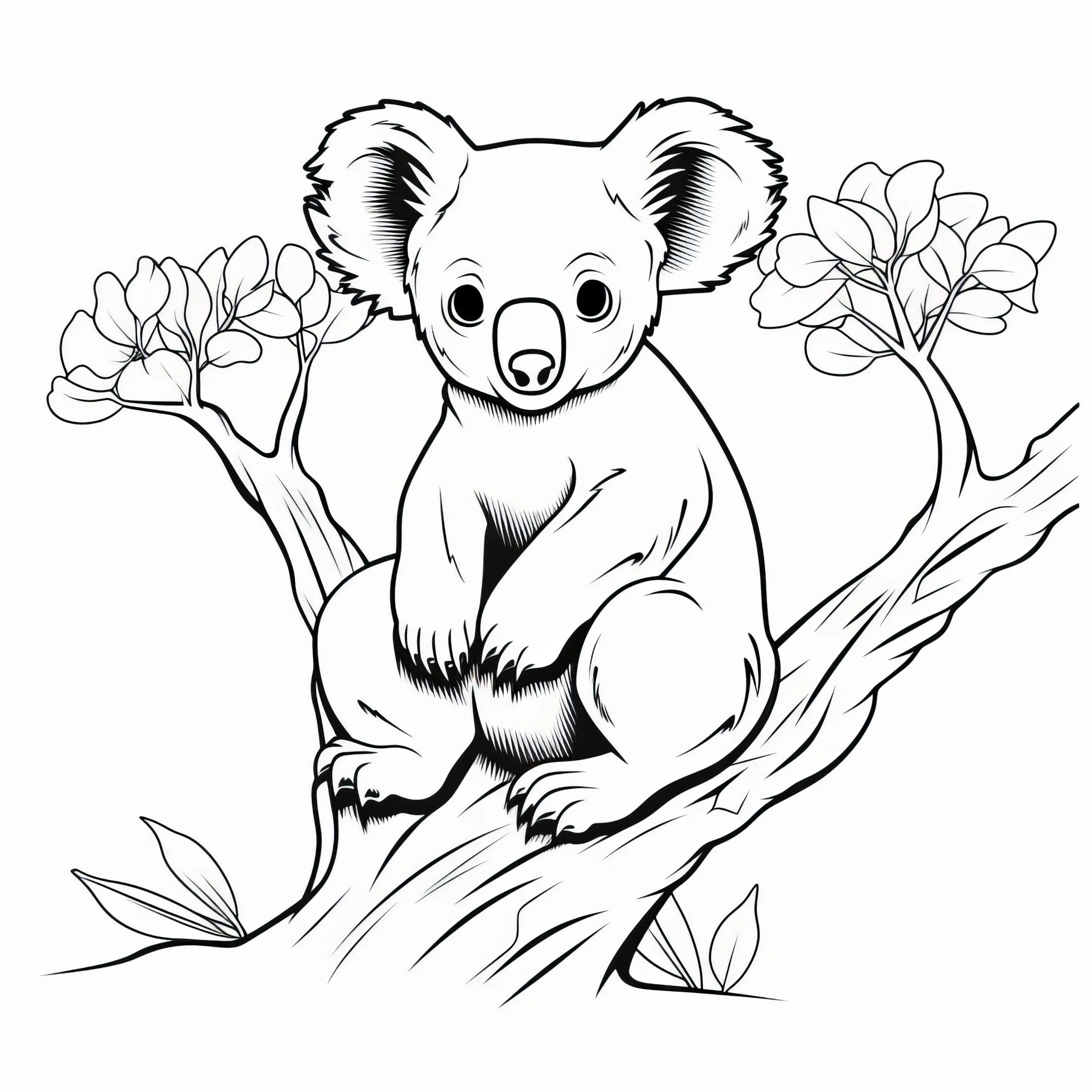 Hübscher Koalabär sitzt gemütlich auf Baum: Ausmalbild zum Herunterladen (Gratis)