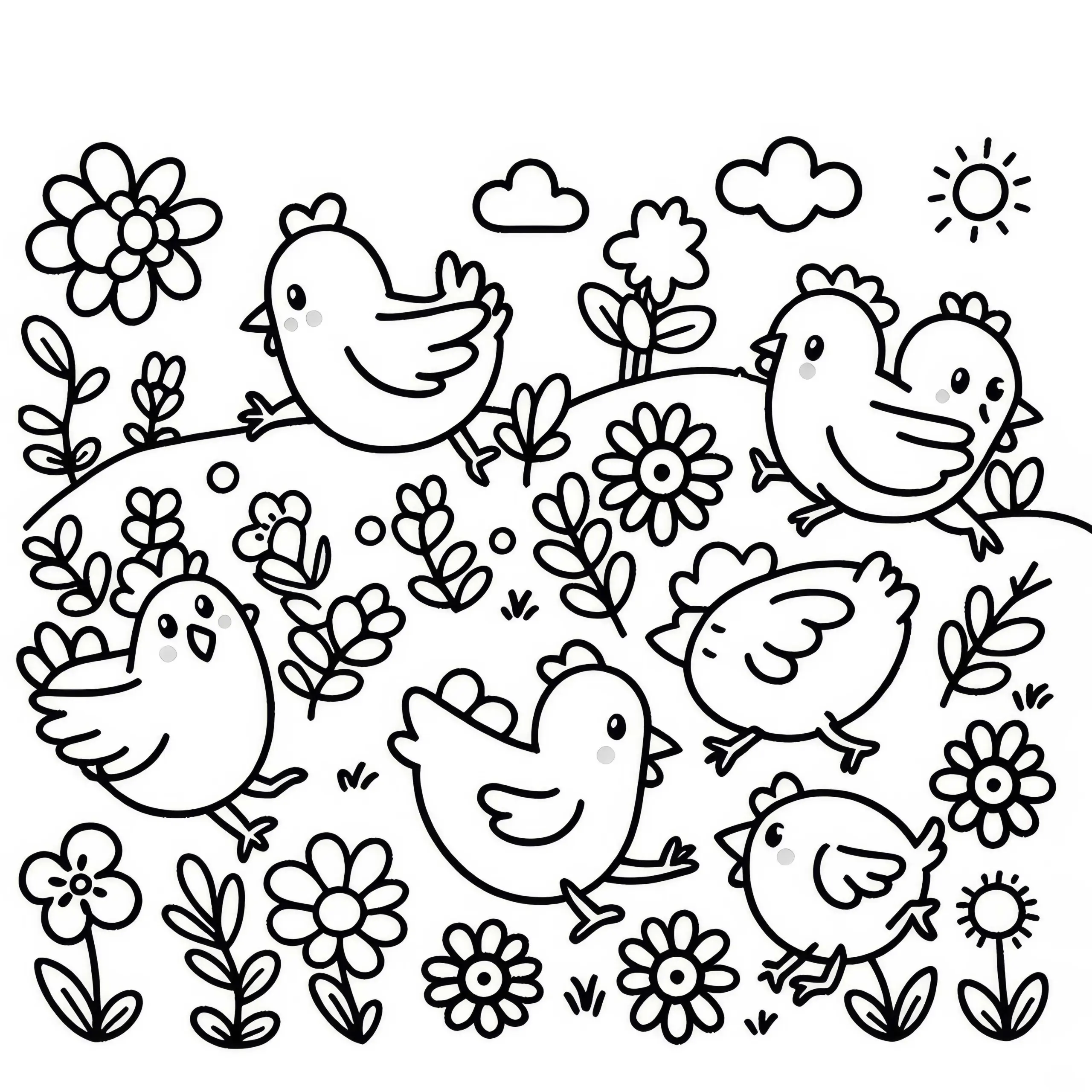Hühner laufen über Blumenwiese: Einfaches Ausmalbild (Gratis)
