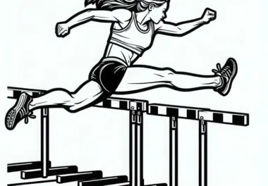 Hürdenläuferin springt über Hürde – Ausmalbild für Leichtathletik
