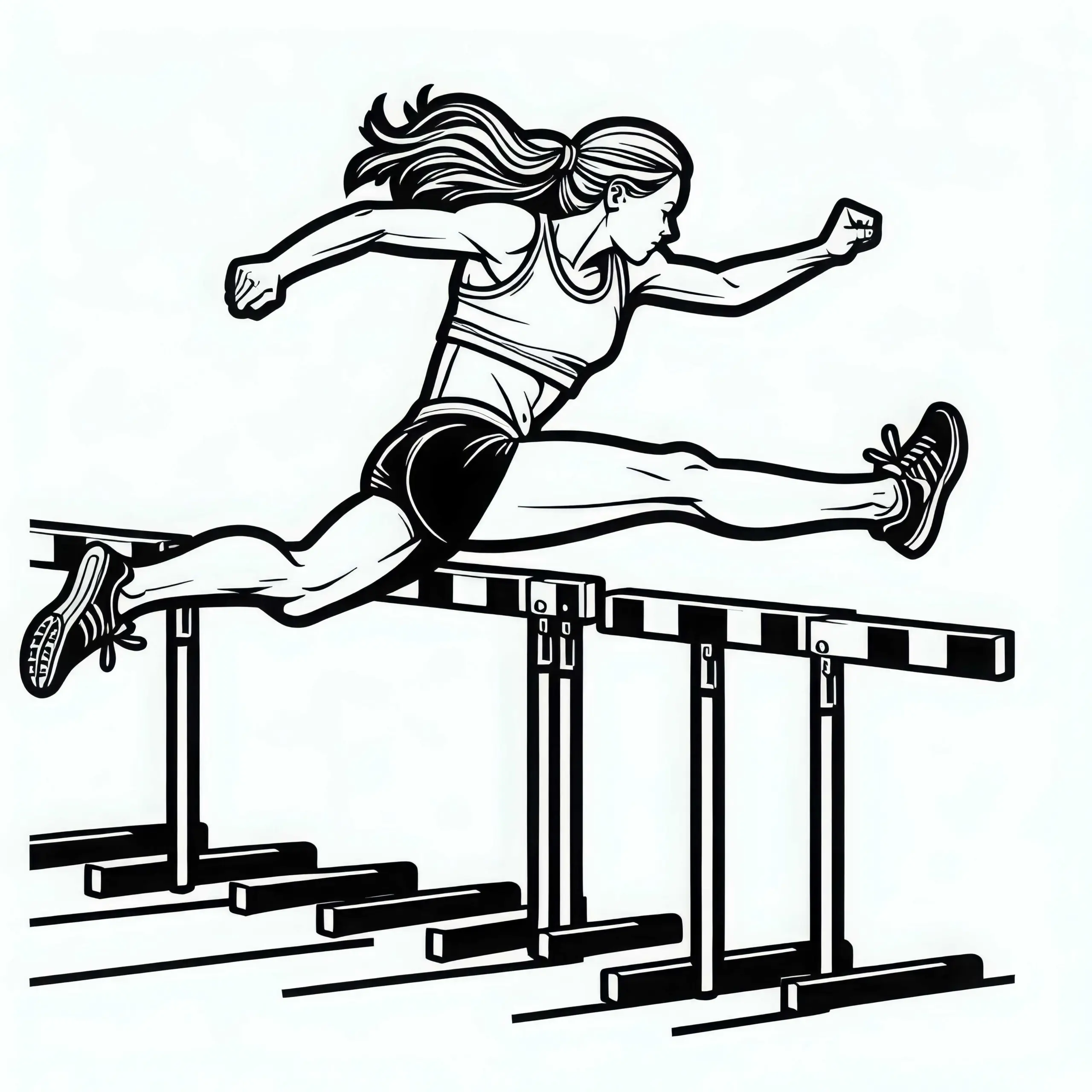 Hürdenläuferin springt über Hürde – Ausmalbild für Leichtathletik