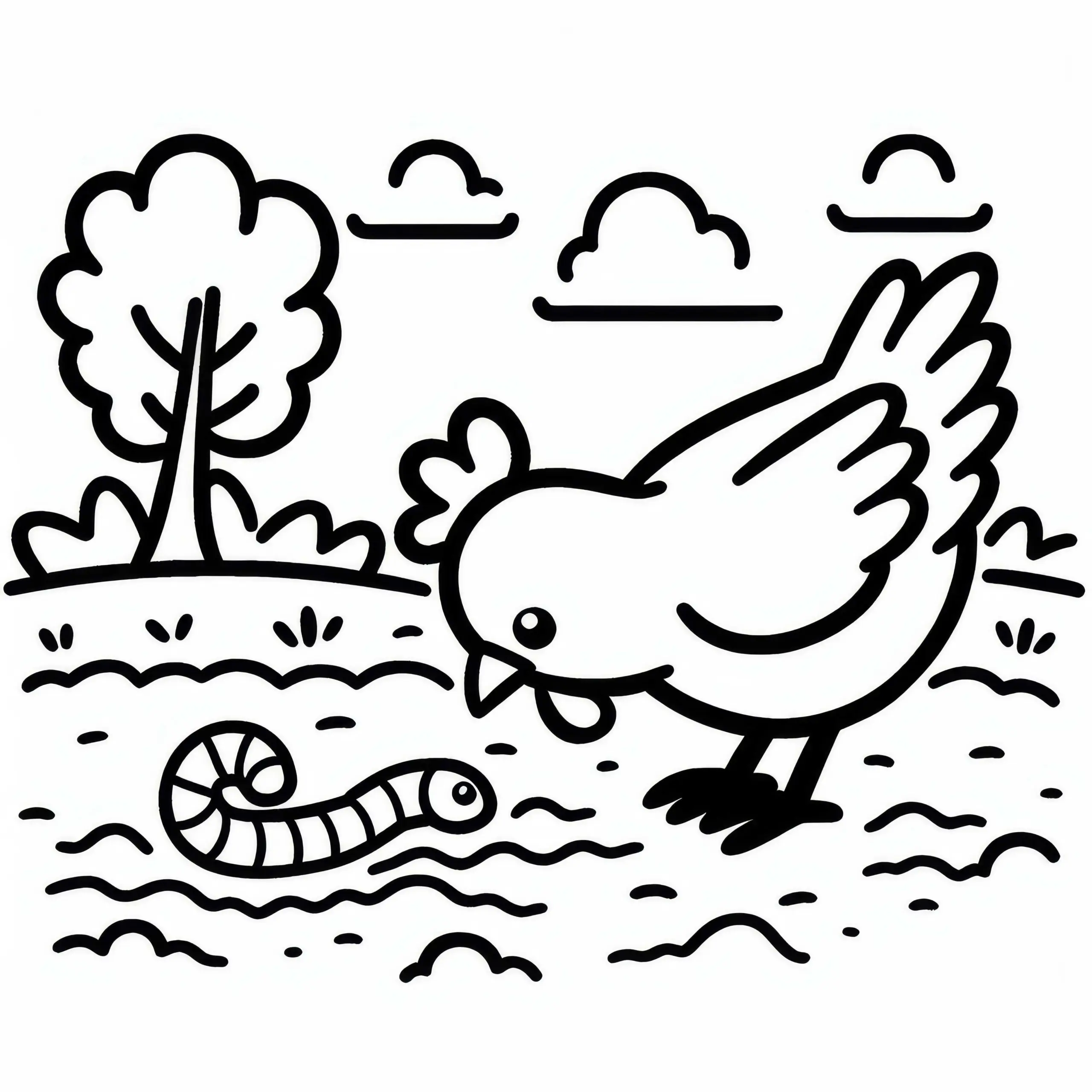 Huhn mit einem Wurm: Einfache Malvorlage (Kostenlos) (Ausmalbild)