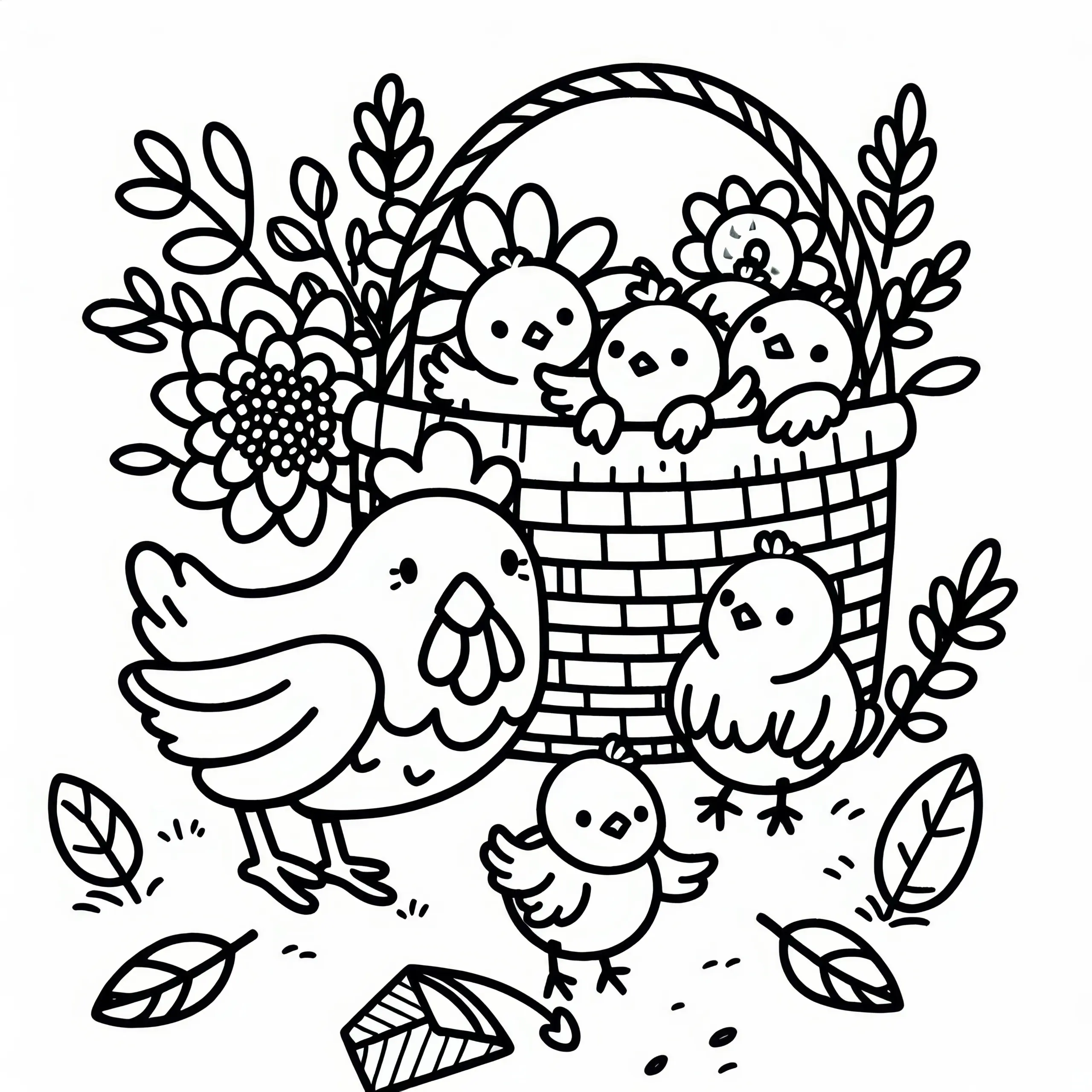 Huhn, Küken und Korb zum Erntedankfest: Einfache Malvorlage (Gratis) (Ausmalbild)