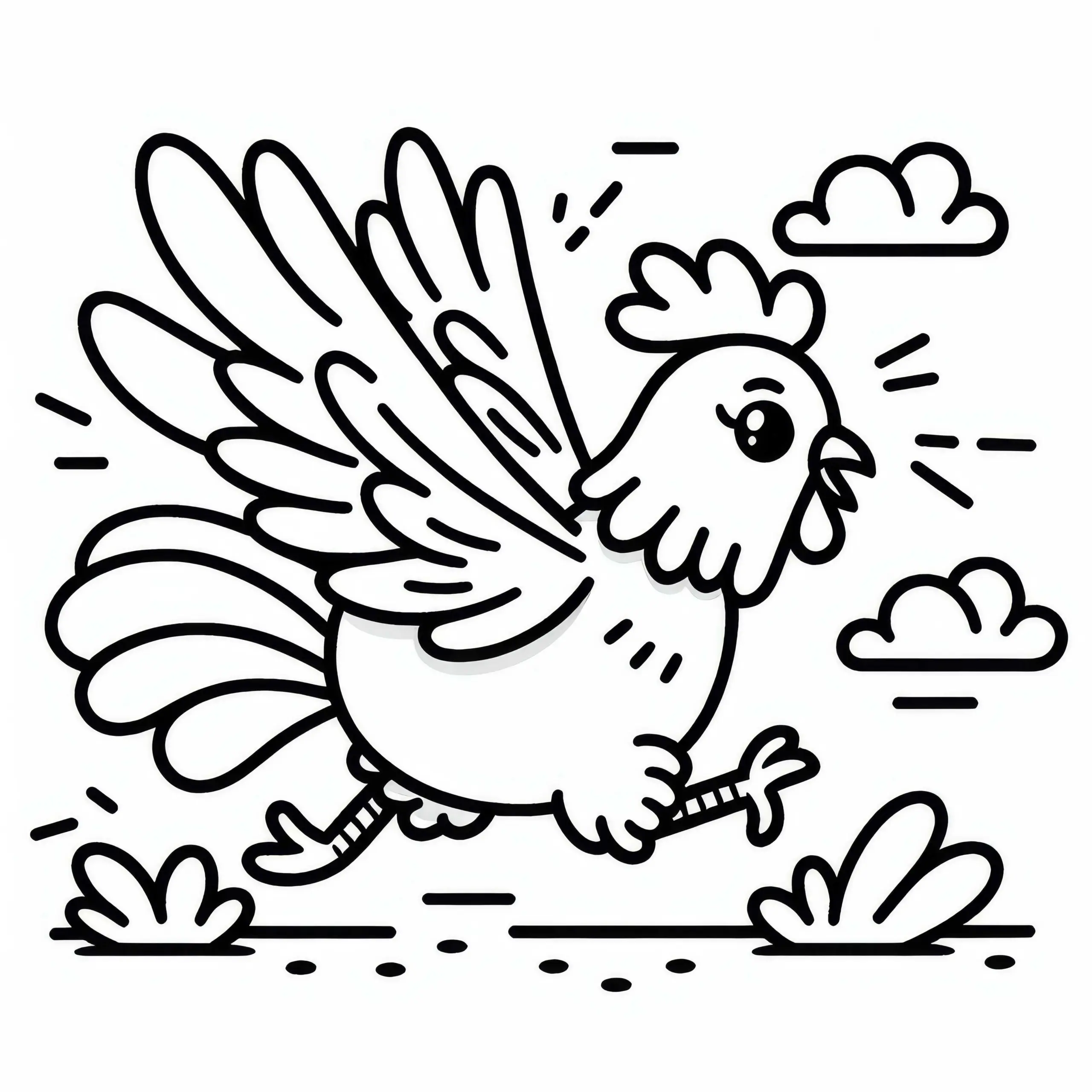 Huhn läuft mit flatternden Flügeln: Einfaches Ausmalbild (Gratis)