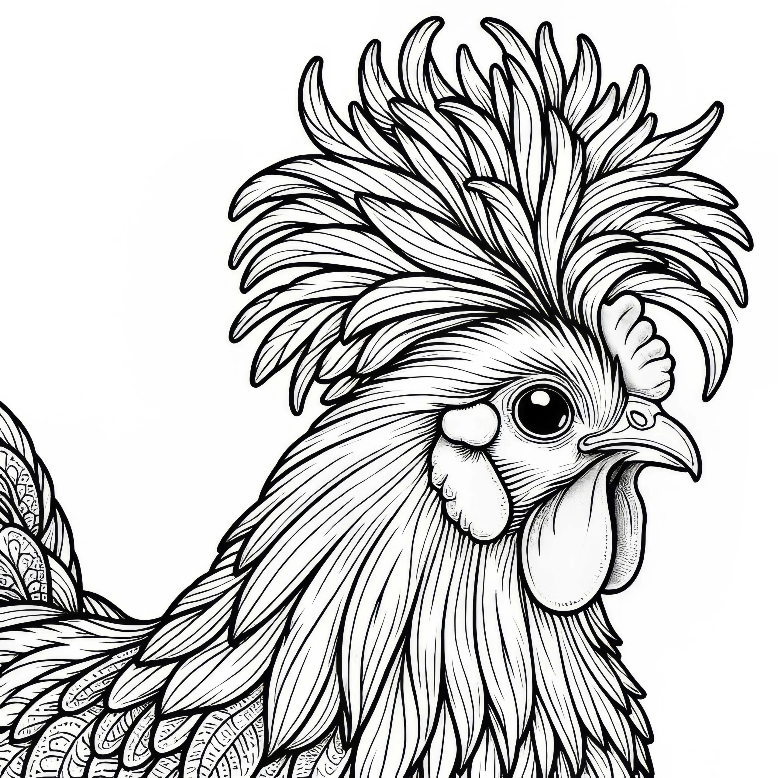 Huhn mit lustiger Frisur: Malvorlage zum Download (Gratis) (Ausmalbild)