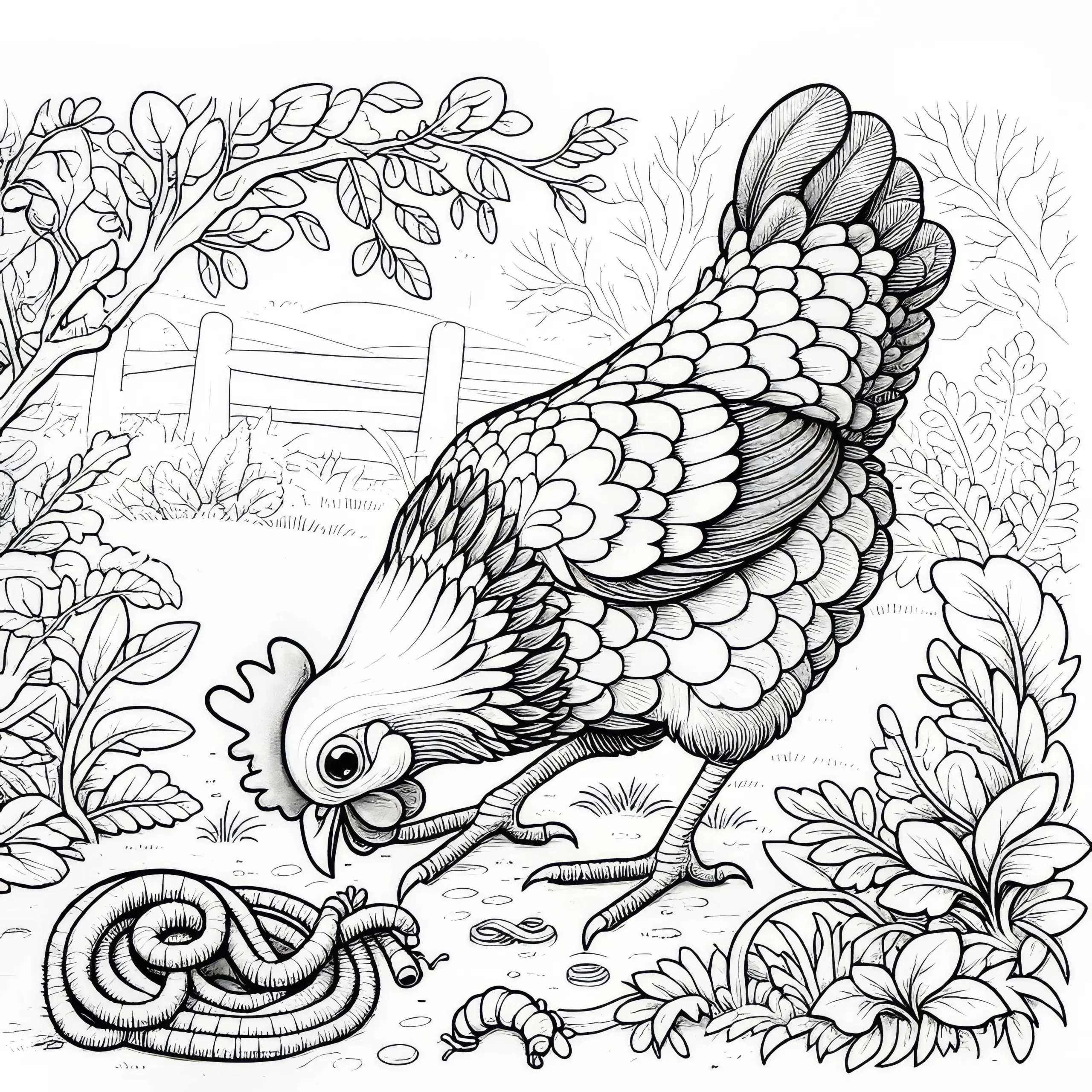 Huhn pickt nach einem Wurm: Malvorlage zum Download (Gratis) (Ausmalbild)