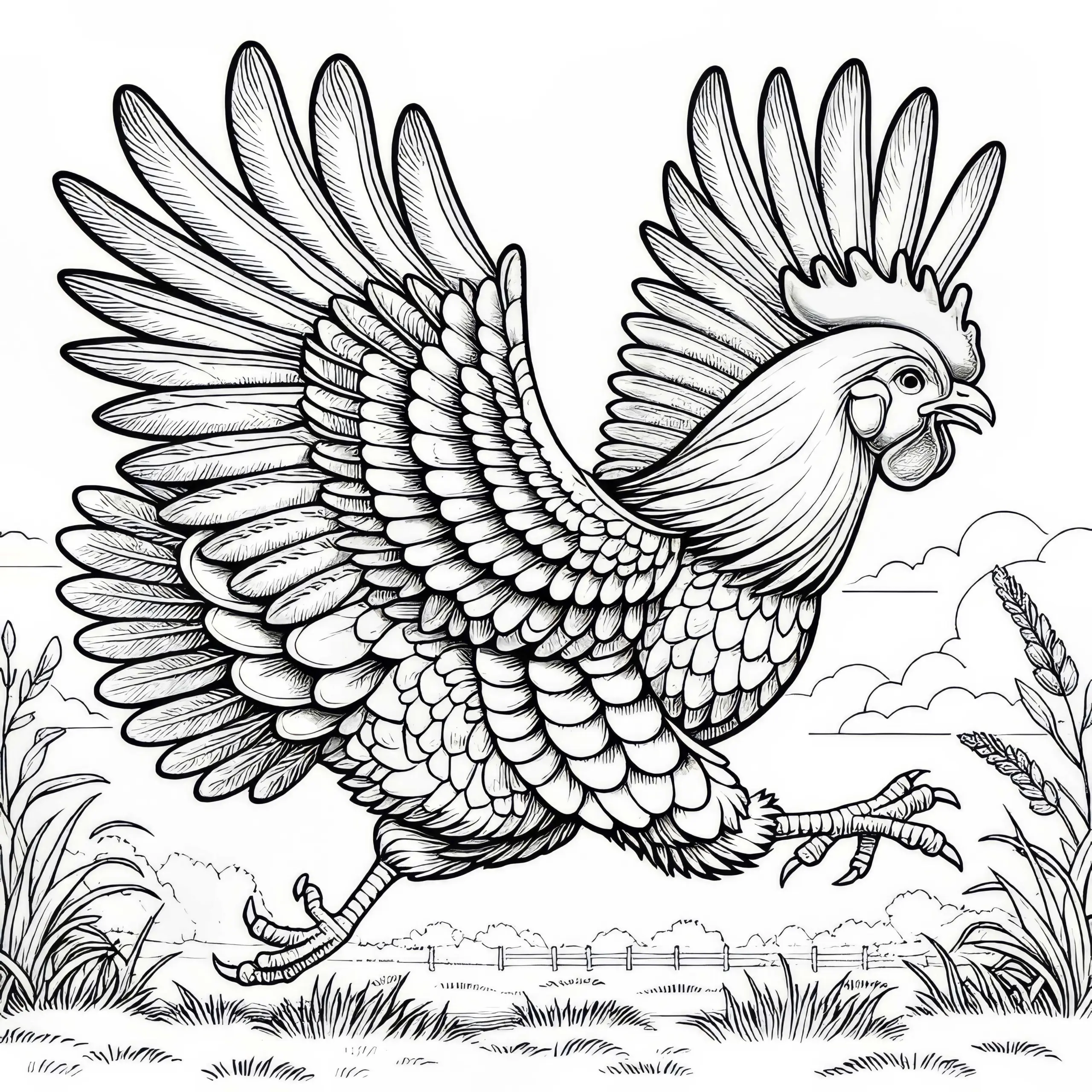 Huhn rennt aufgeregt mit flatternden Flügeln über den Hof: Kostenlose Malvorlage (Ausmalbild)