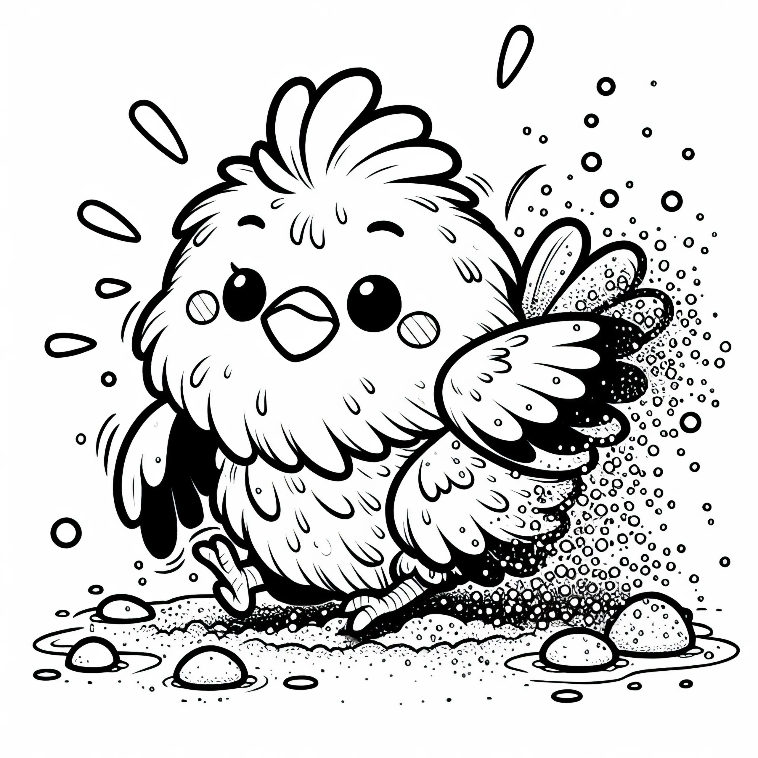 Huhn schüttelt sich nach Sandbad: Einfaches Ausmalbild (Kostenlos)