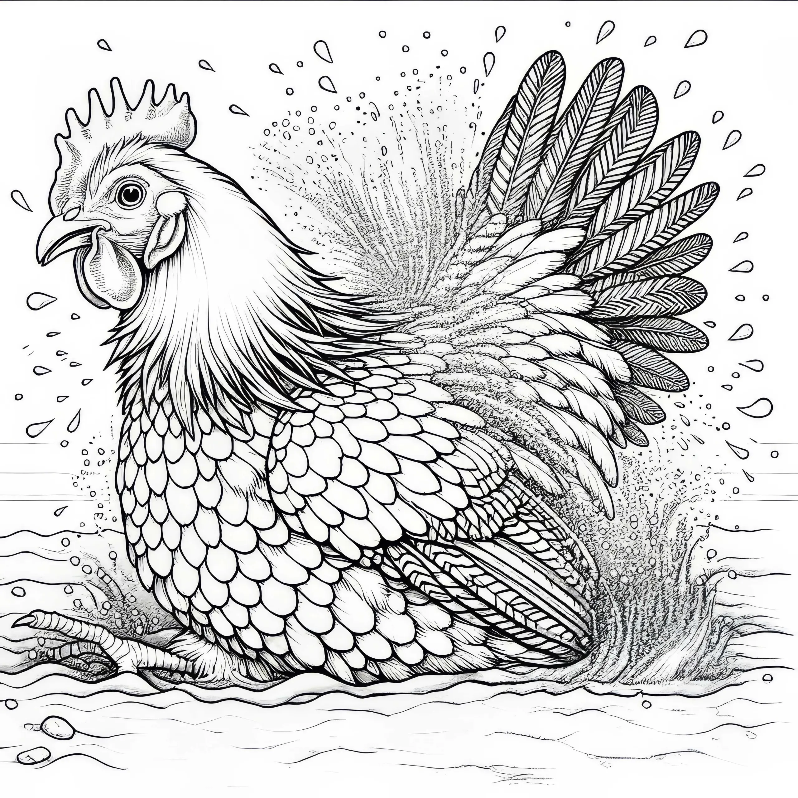 Huhn schüttelt sich nach Sandbad: Malvorlage (Kostenlos) (Ausmalbild)