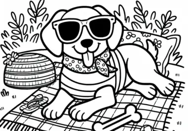 Hund an einem Sommertag mit Sonnenbrille auf Decke mit Knochen – Malvorlage kostenlos