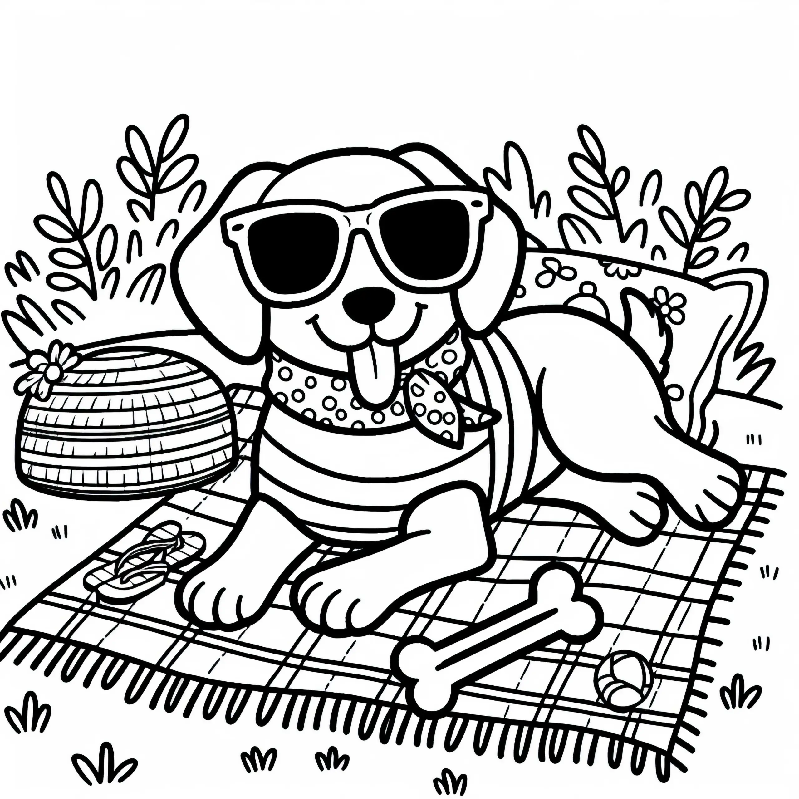 Hund an einem Sommertag mit Sonnenbrille auf Decke mit Knochen – Malvorlage kostenlos (Ausmalbild)