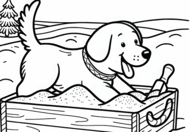 Hund buddelt vergnügt im Sandkasten – Malvorlage gratis