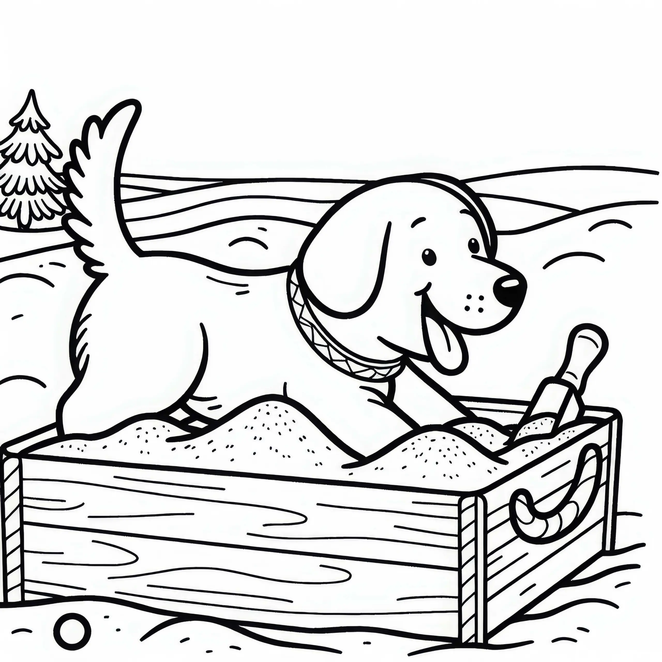 Hund buddelt vergnügt im Sandkasten – Malvorlage gratis (Ausmalbild)