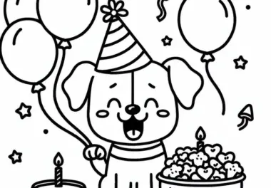 Hunde feiern Geburtstag mit Partyhut, Napf und Luftballons – Ausmalbild kostenlos