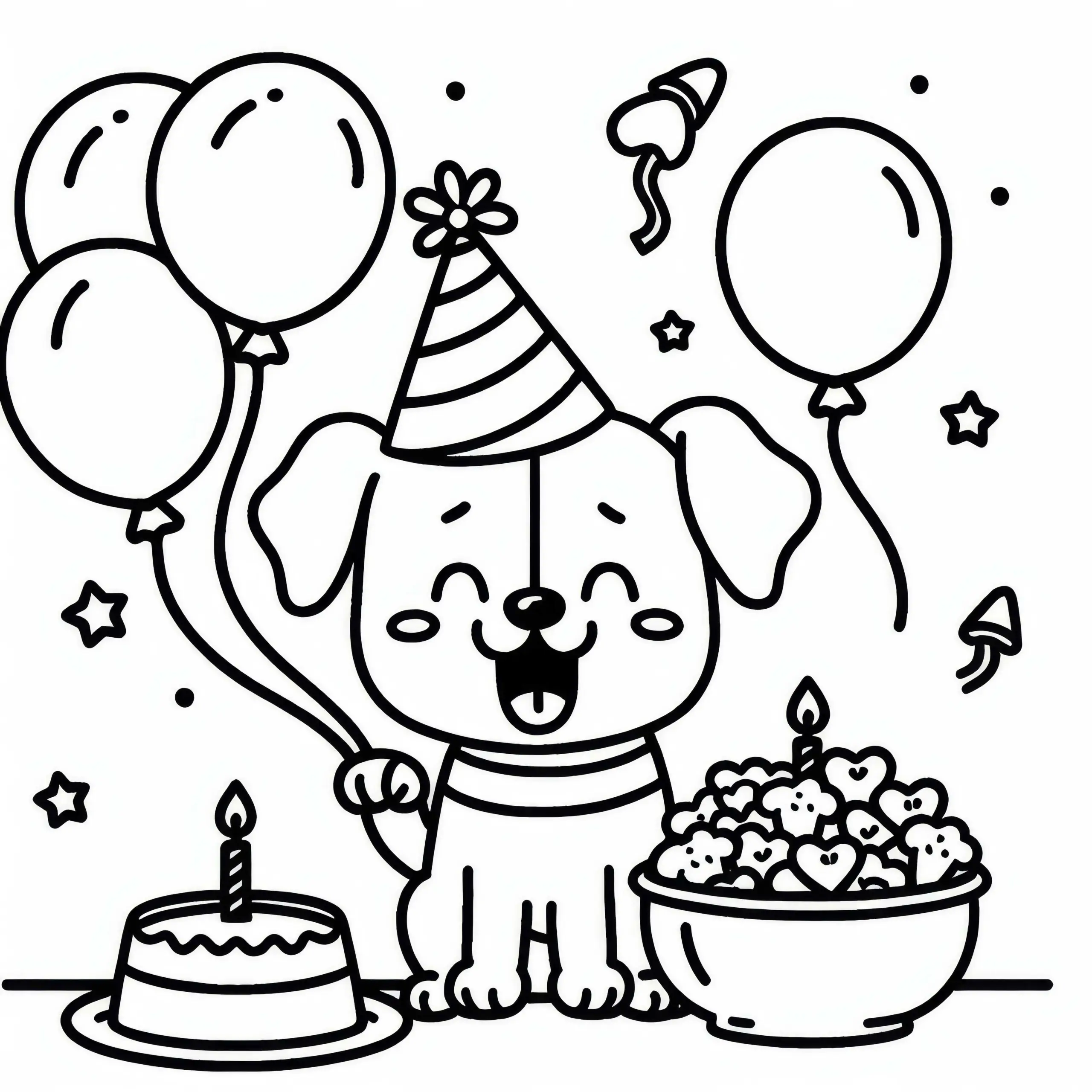 Hunde feiern Geburtstag mit Partyhut, Napf und Luftballons – Ausmalbild kostenlos