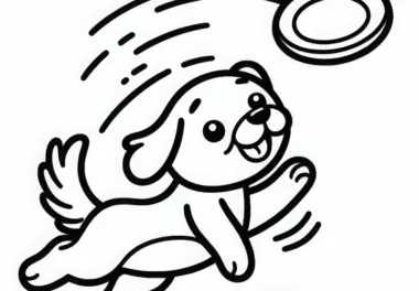 Hund jagt fliegenden Frisbee hinterher – Ausmalbild gratis